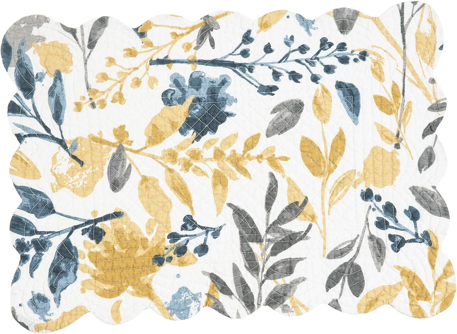 Natural Cotton Quilted Floral Rectangular Placemats in Yellow and Blue