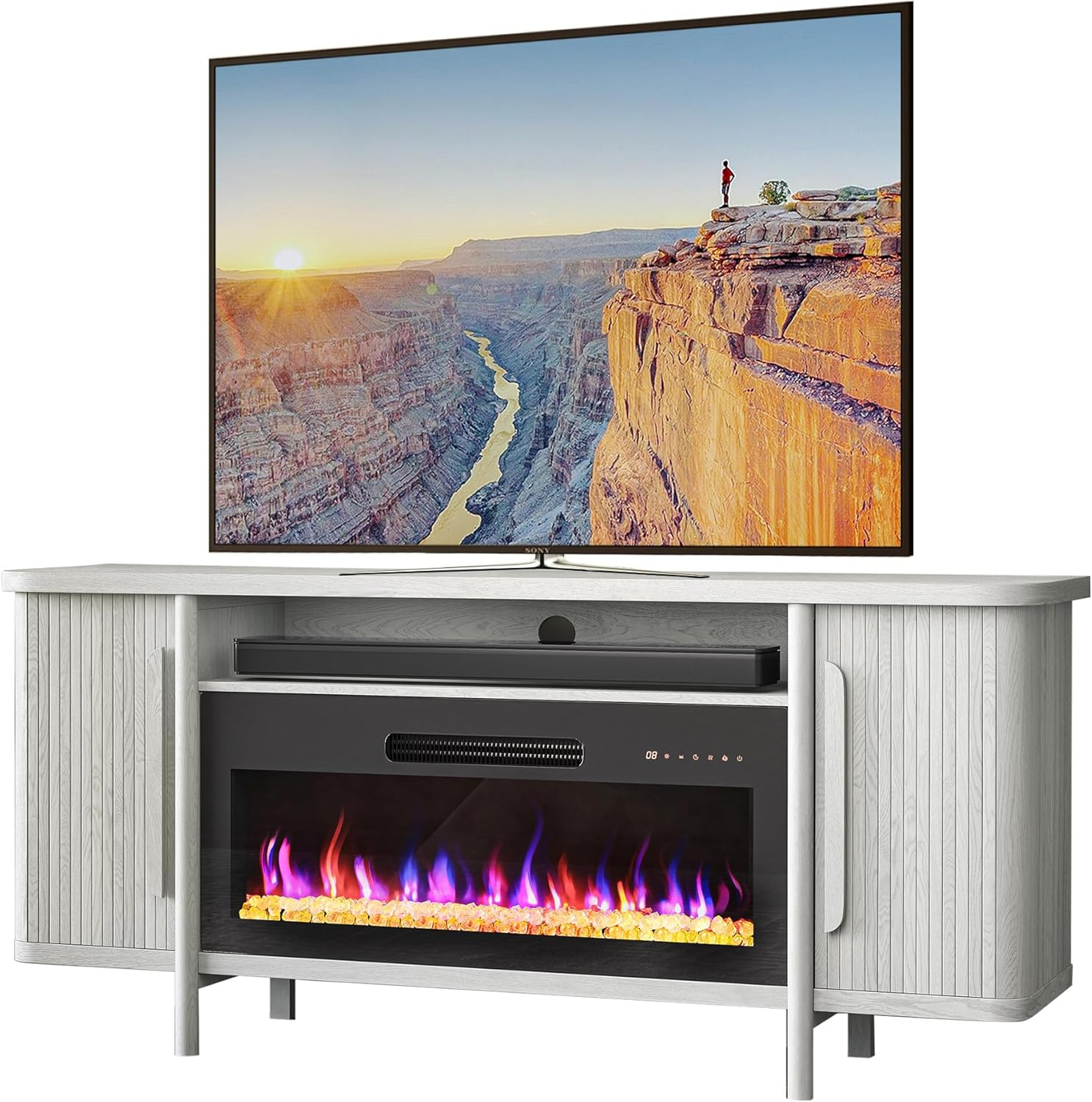 BELLEZE 66" TV Stand with 36" Electric Fireplace, Wood Console Table for TVs up to 75 Inches, Entertainment Center with Storage Cabinets for Living Room, Bedroom - Portman (White Sand)