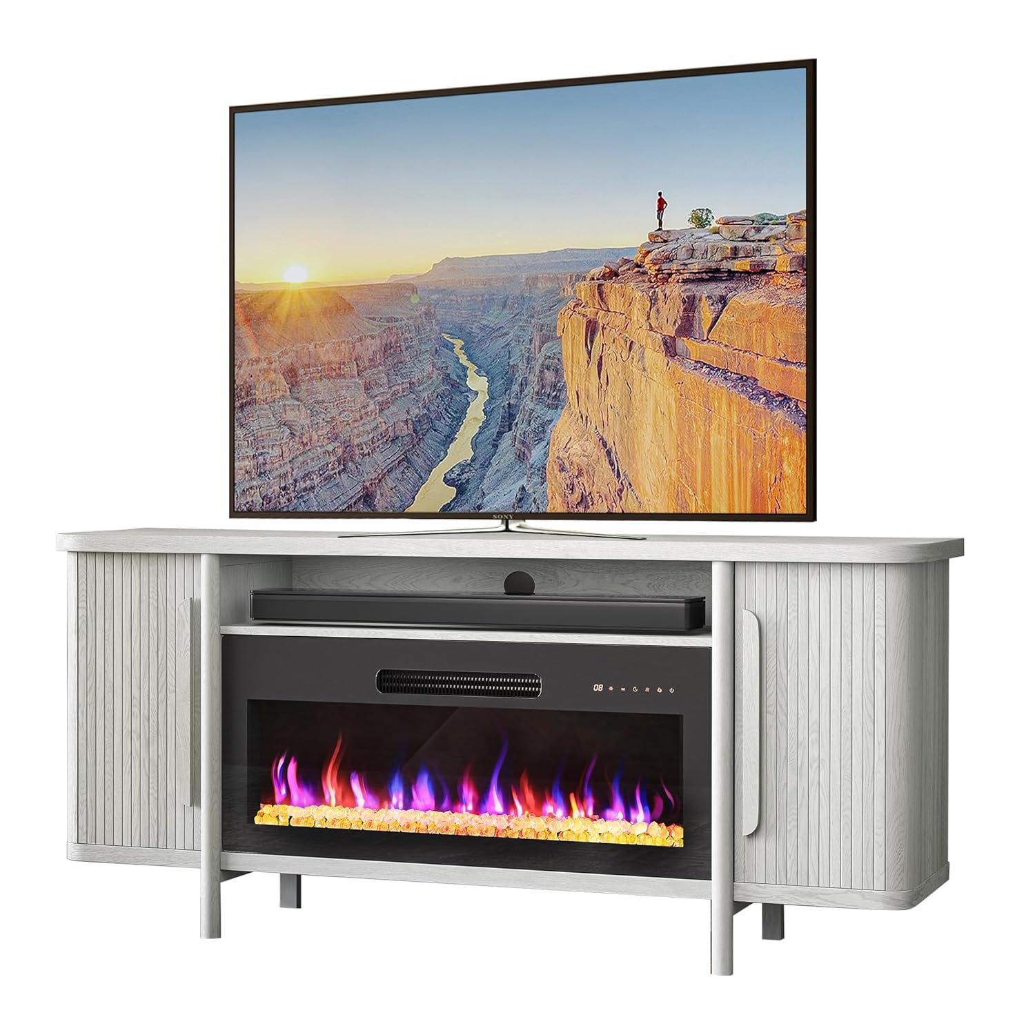 BELLEZE 66" TV Stand with 36" Electric Fireplace, Wood Console Table for TVs up to 75 Inches, Entertainment Center with Storage Cabinets for Living Room, Bedroom - Portman (White Sand)