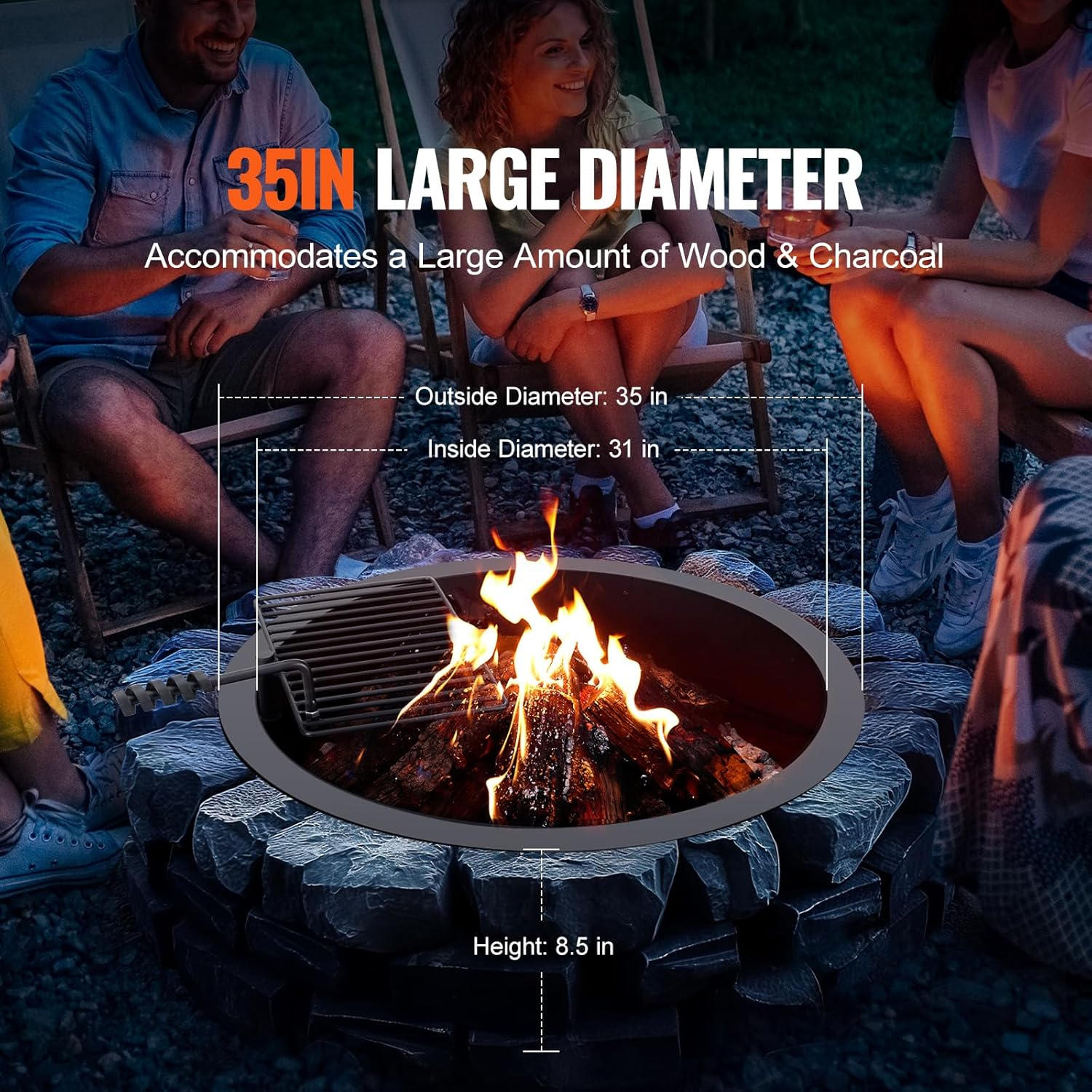 Fire Pit Ring w/ BBQ Fire Ring 35 Inch Outer Steel DIY Campfire Firepit