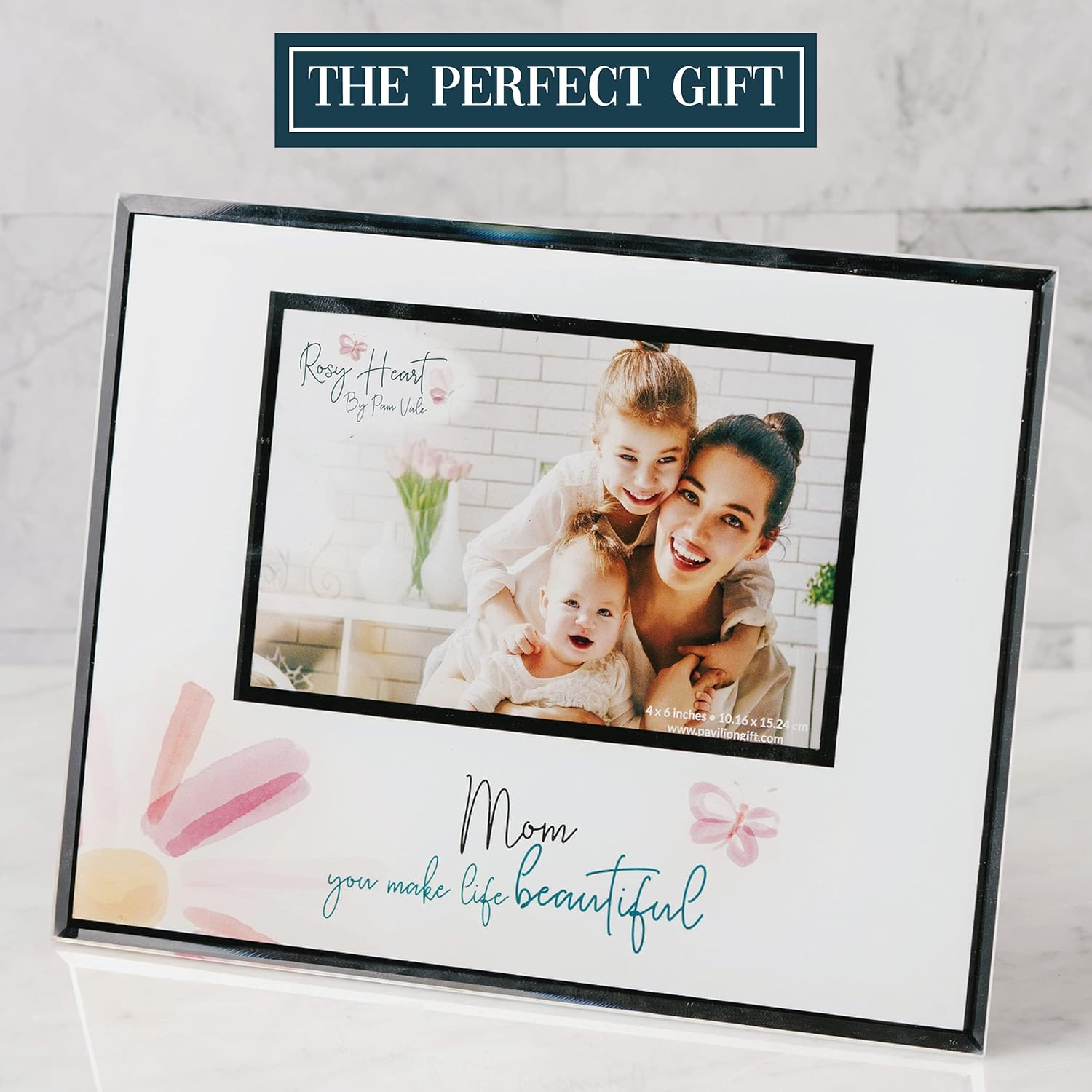 Pavilion Gift Company 6" x 4" Photo Mom You Make Life Beautiful Horizontal Candle, 9.25" x 7.25" Glass Easel Back Picture Frame, Pink