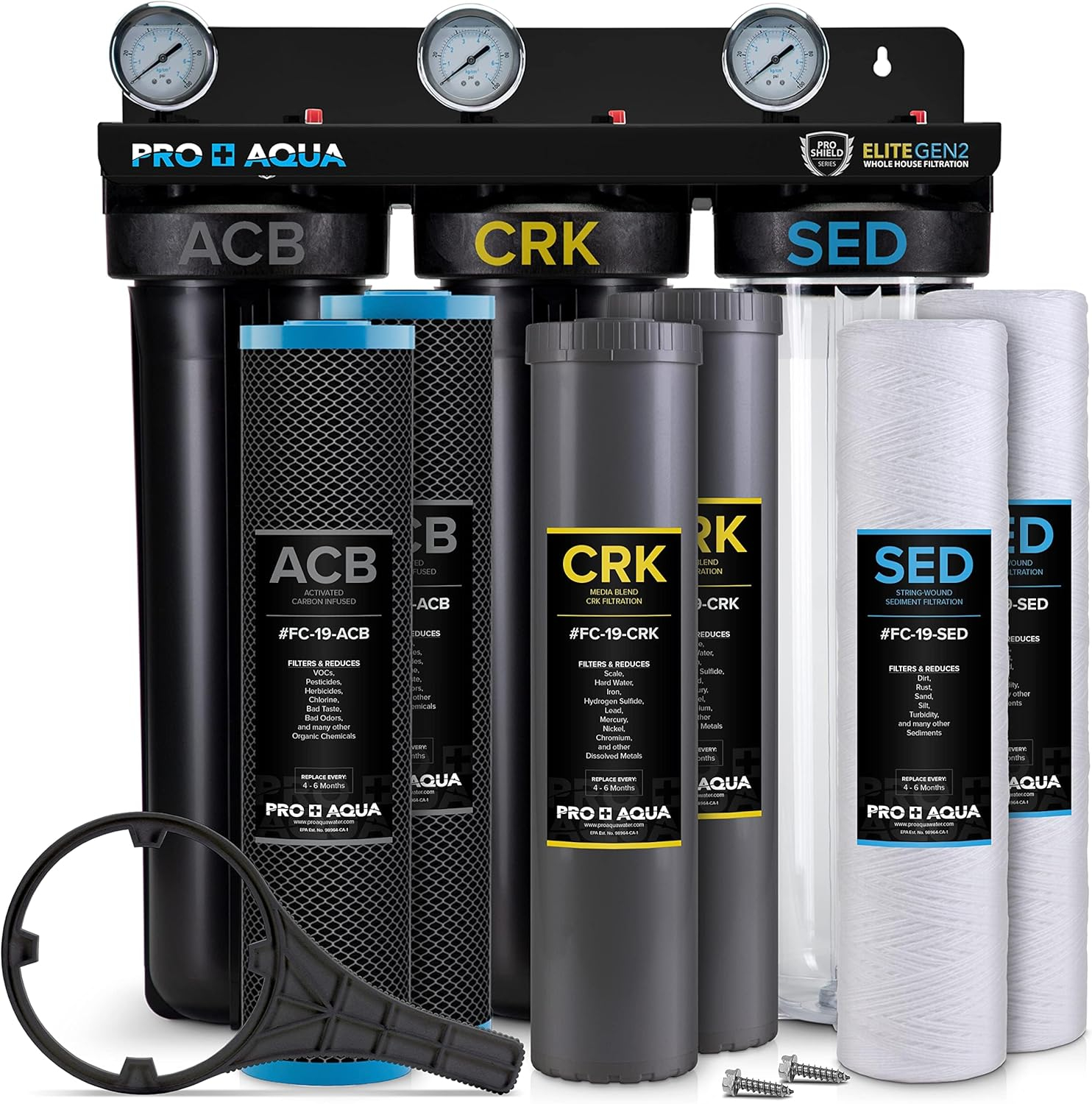 Elite Whole House Water Filter 3-Stage Well Water Filtration System with Gauges, PR Button 1 in. Ports Filter Set