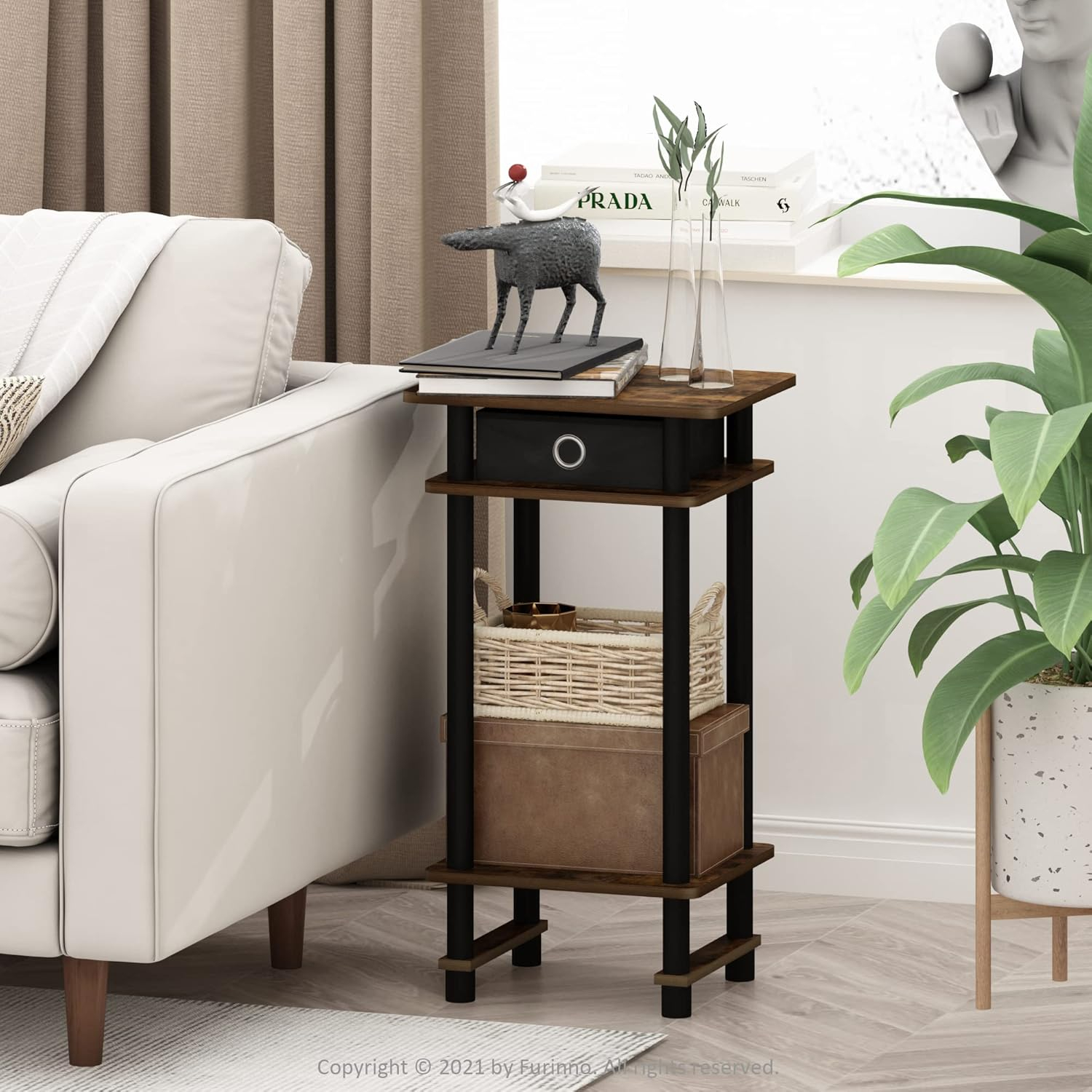 Furinno 17017 Turn-N-Tube Tall End Table with Bin, Amber Pine/Black/Black
