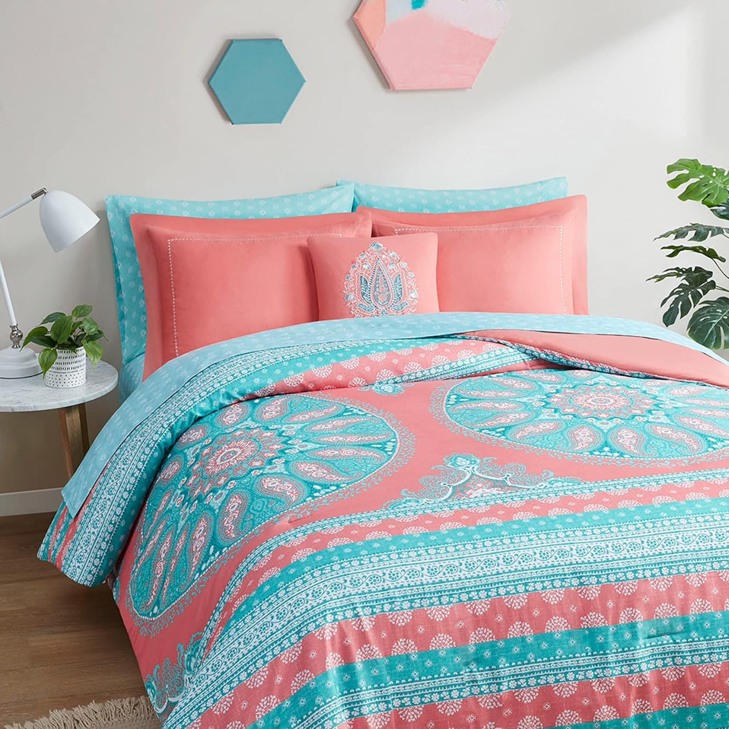 Boho Coral and Aqua Microfiber Queen Bed-in-a-Bag Set