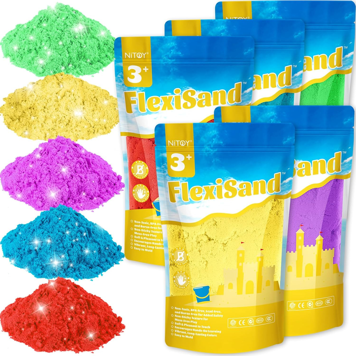 NiToy 11lbs Play Sand, Moldable Self-Sticking, Never Dries Out - Fun for Kids Bulk Refill for Sensory Sand Box Toys, Ideal for Shaping, Squeezing, Scooping, Rolling and Molding (5 Colored)