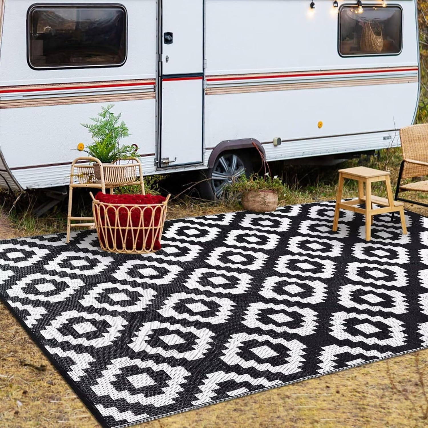 Garvee Waterproof Outdoor Rug 9'x12' Reversible Plastic Patio Rugs, Portable Modern Abstract Indoor Outdoor Carpet for Camping, Balcony, Deck, Backyard, Black & White, with Storage Bag