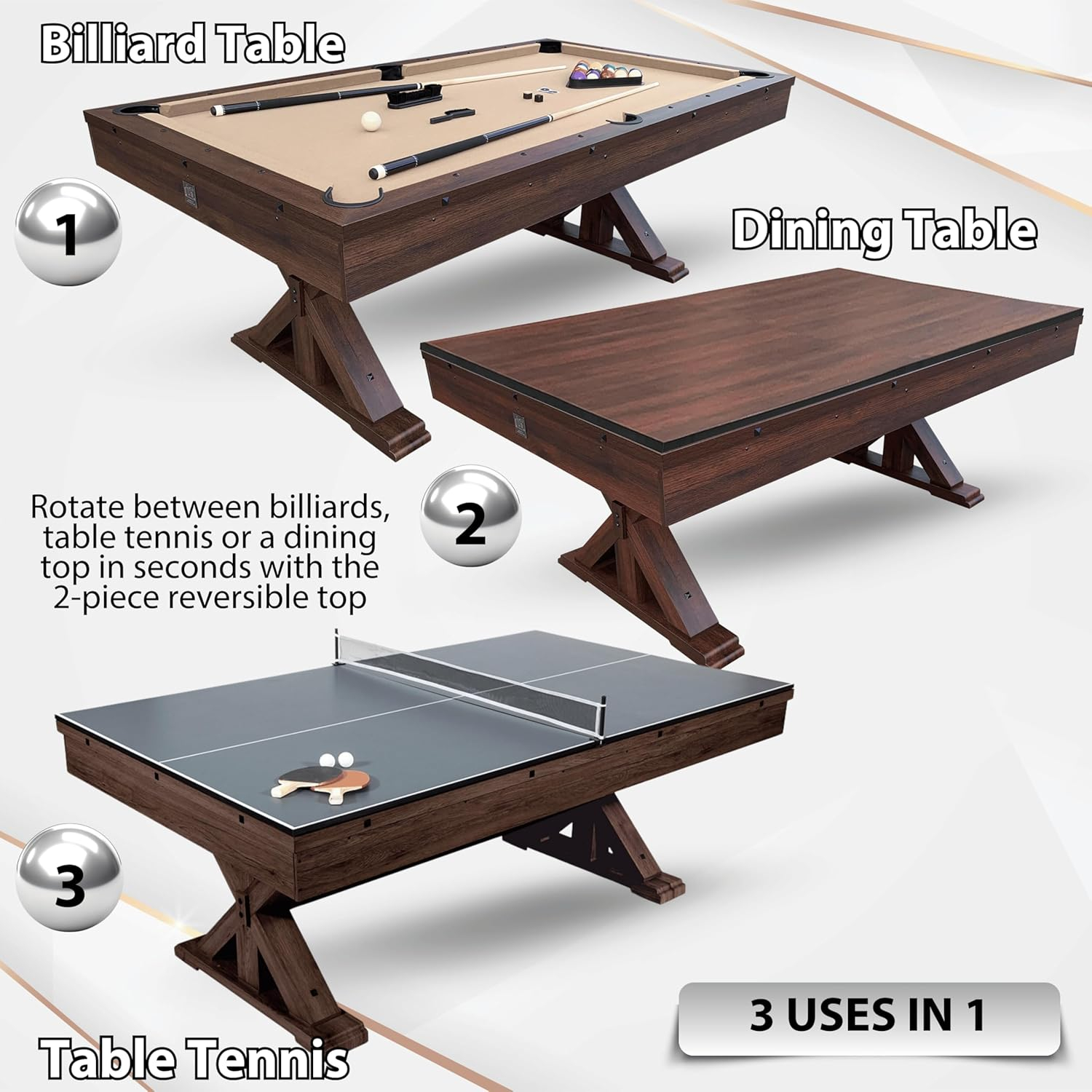 Freetime Fun 7 ft 3 in 1 Multi Game Table, Dining Top Pool and Ping Pong Table Combo with Benches
