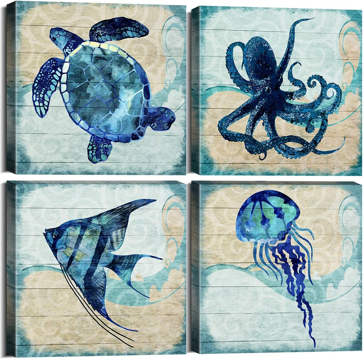 Navy Blue Bathroom Beach Decor Ocean Animals Wall Art Kids Nursery Room Paintings Canvas Rustic Sea Turtle Octopus Jellyfish Fish Pictures Artwork for Bedroom Living Room Home Decorations 16x16” 4Pcs
