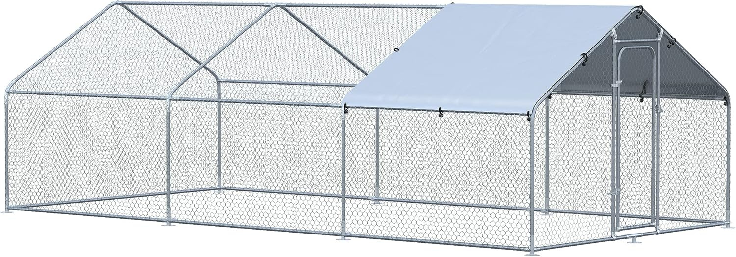 PawHut Large Chicken Coop Metal Chicken Run for Chickens with Waterproof and Anti-UV Cover, Spire Shaped Walk in Fence Cage Hen House for Outdoor and Yard Farm Use, 1" Dia, 23' x 6.6' x 6.4'