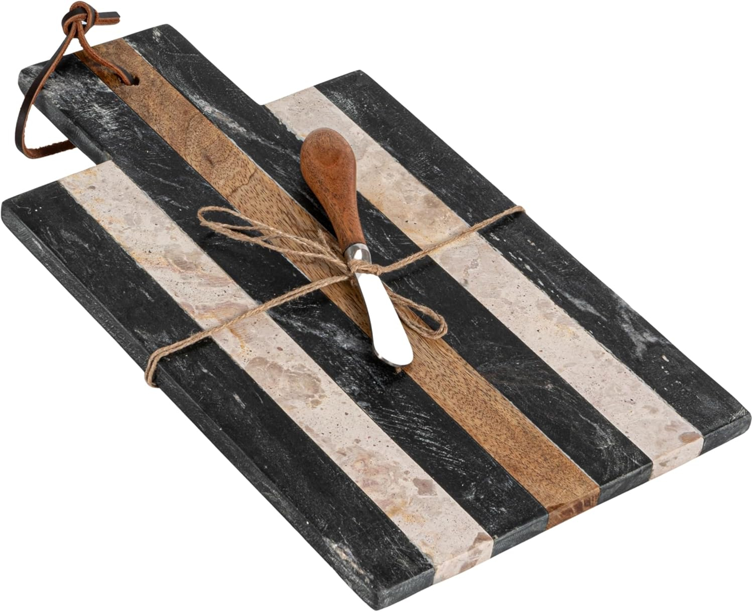 Striped Black and Beige Marble Rectangular Cheese Board Set with Knife