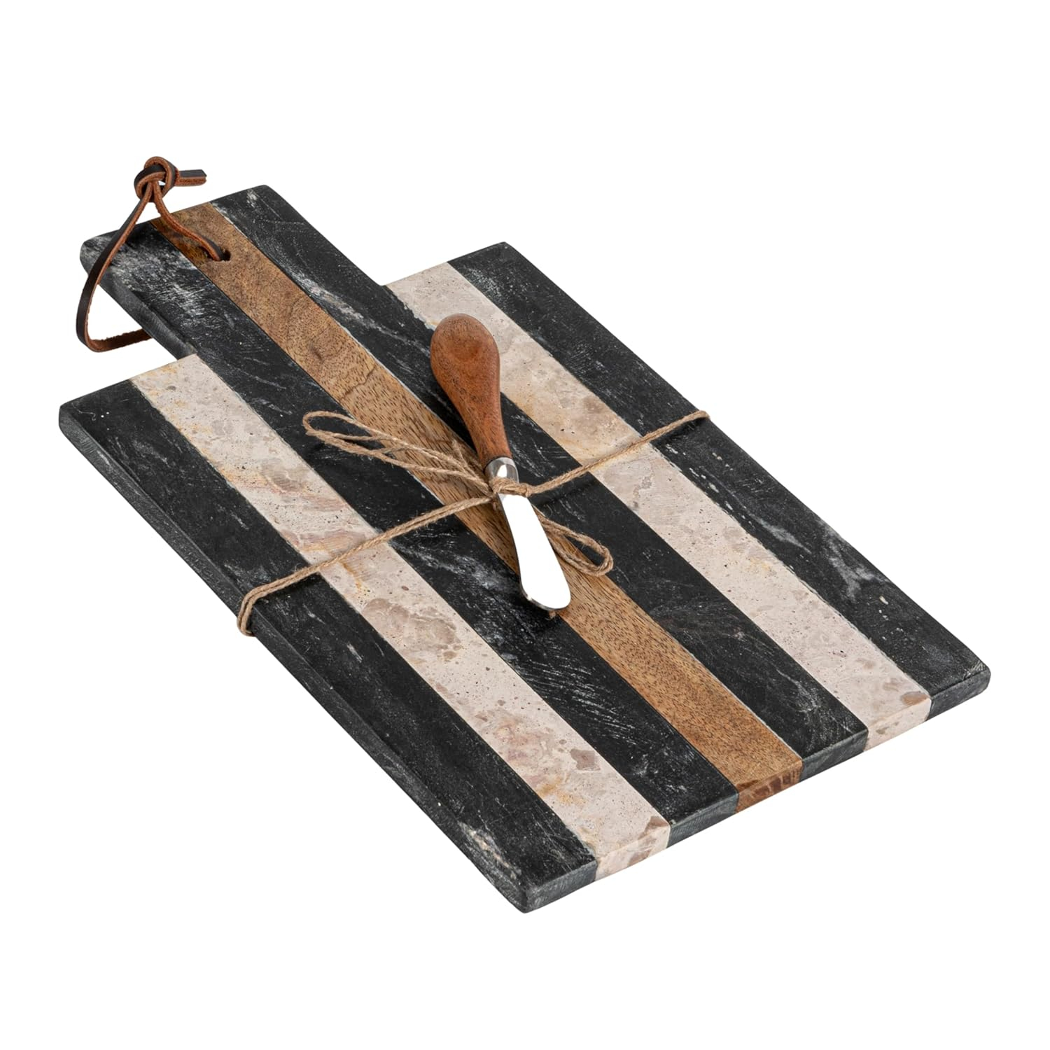Striped Black and Beige Marble Rectangular Cheese Board Set with Knife