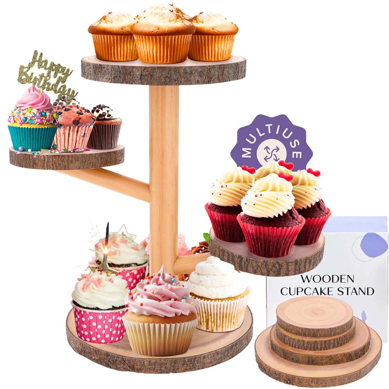 Wooden Cake Stand Rustic, 10-11 inch Multifunctional 2-in-1 Wedding Rustic Cake Stand, Wood Display Tray for Appetizers, Desserts, Charcuterie Board, Farmhouse Tree Stump Style, Sturdy, Easy to Clean