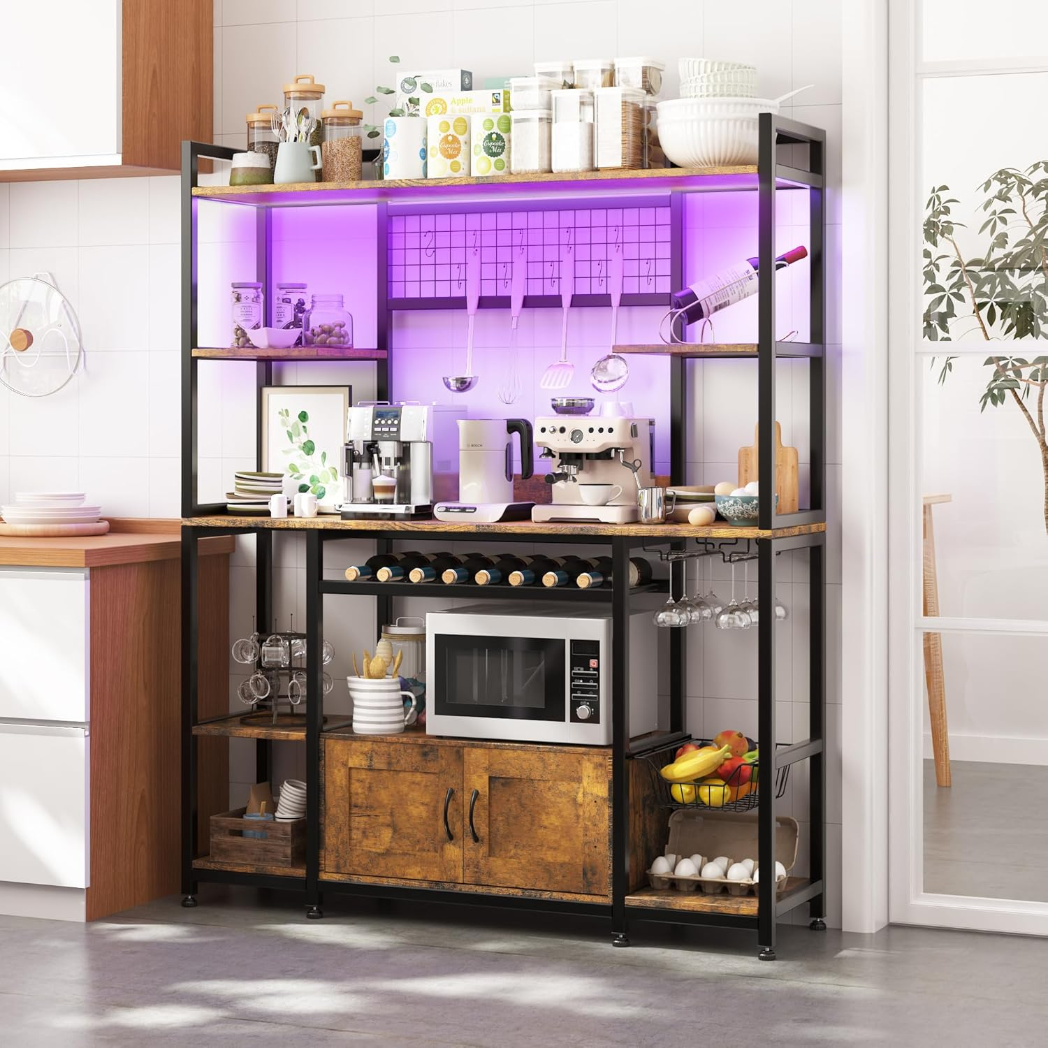 Ataucjin 55" 5-Tier Bakers Rack With Power Outlet And LED Light Kitchen Microwave Stand Farmhouse Coffee Bar Cabinet With Storage Shelf 10 Hooks Wire Basket Wine Rack For Spices Pots Pans