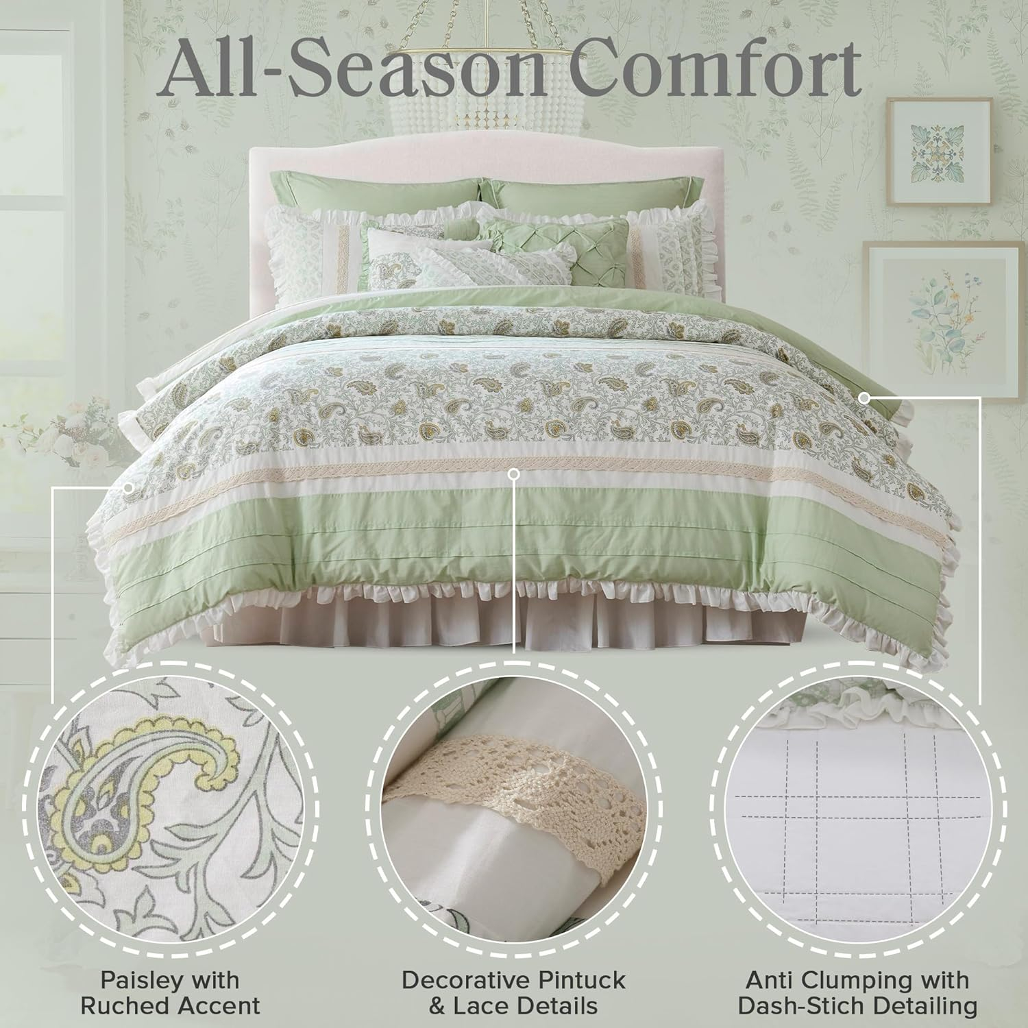 Sage Green Cotton King Reversible Comforter Set with Decorative Pillows