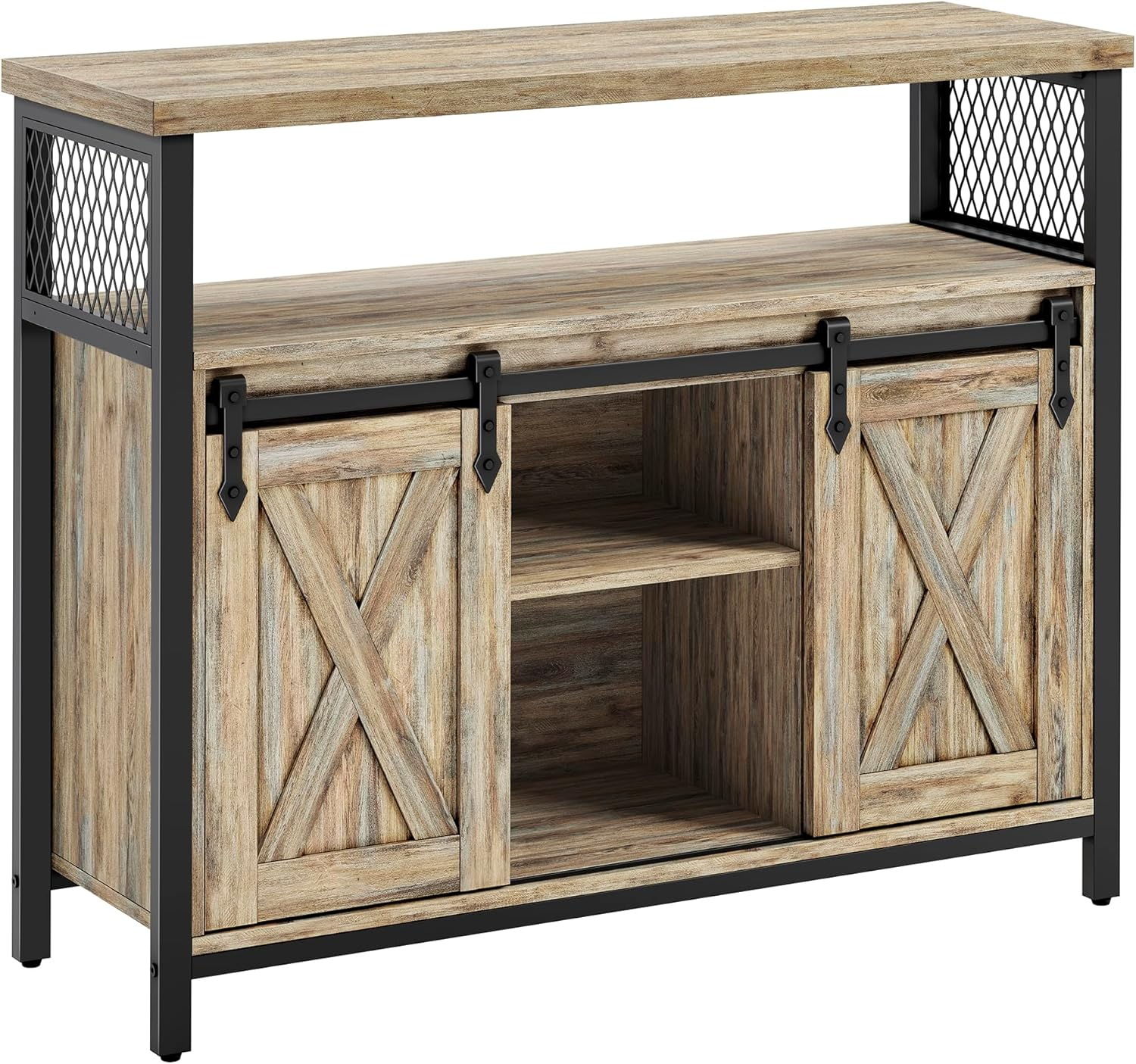 VASAGLE Buffet Cabinet, Storage Cabinet, Sideboard with 2 Sliding Barn Doors, Adjustable Shelves, 13 x 39.4 x 31.5 Inches, for Living Room, Turquoise Brown and Ink Black ULSC092B60