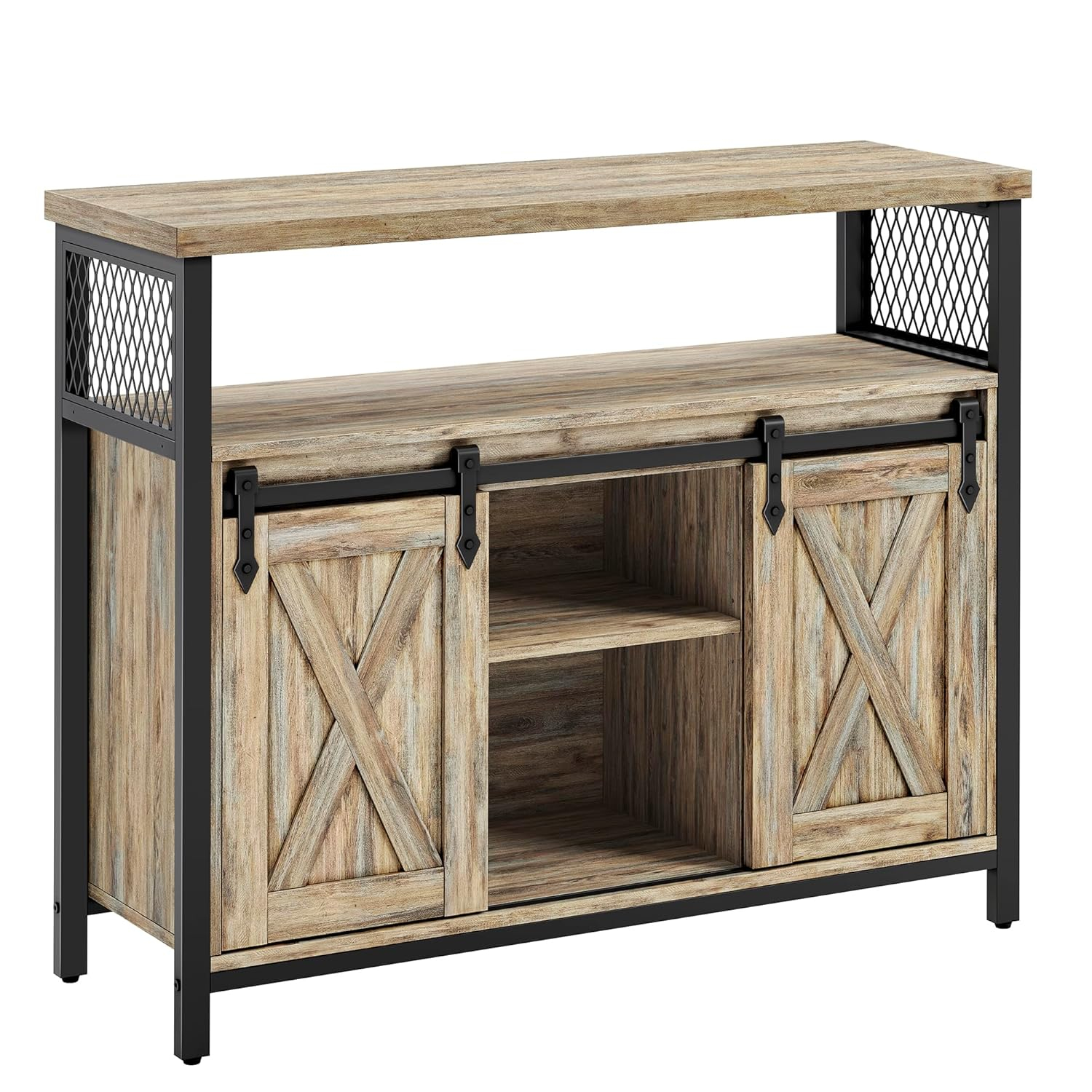 VASAGLE Buffet Cabinet, Storage Cabinet, Sideboard with 2 Sliding Barn Doors, Adjustable Shelves, 13 x 39.4 x 31.5 Inches, for Living Room, Turquoise Brown and Ink Black ULSC092B60