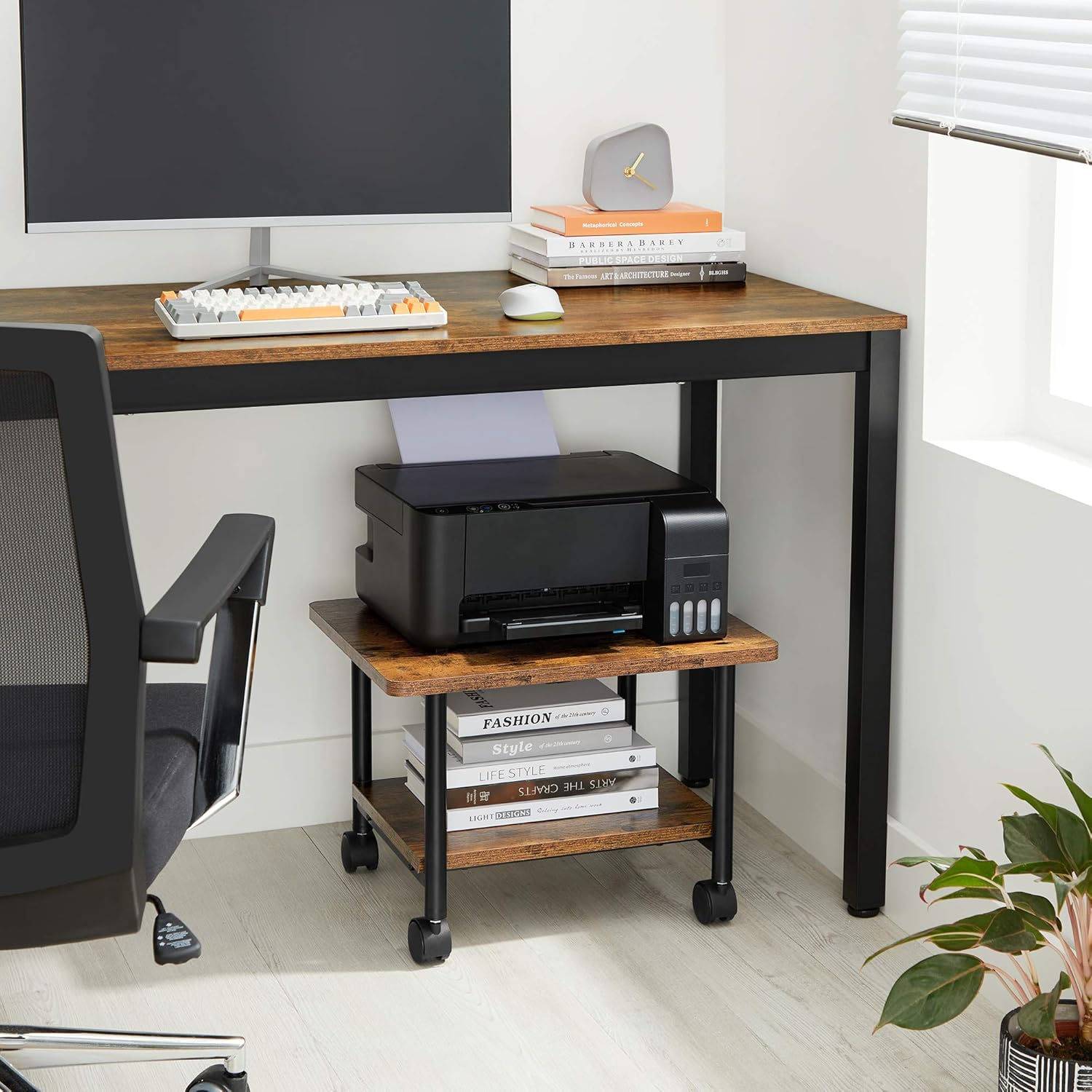 VASAGLE Industrial Under Desk Printer Stand 2-Tier Mobile Machine Cart with Shelf Heavy Duty Storage Rack for Office and Home Rustic Brown and Black