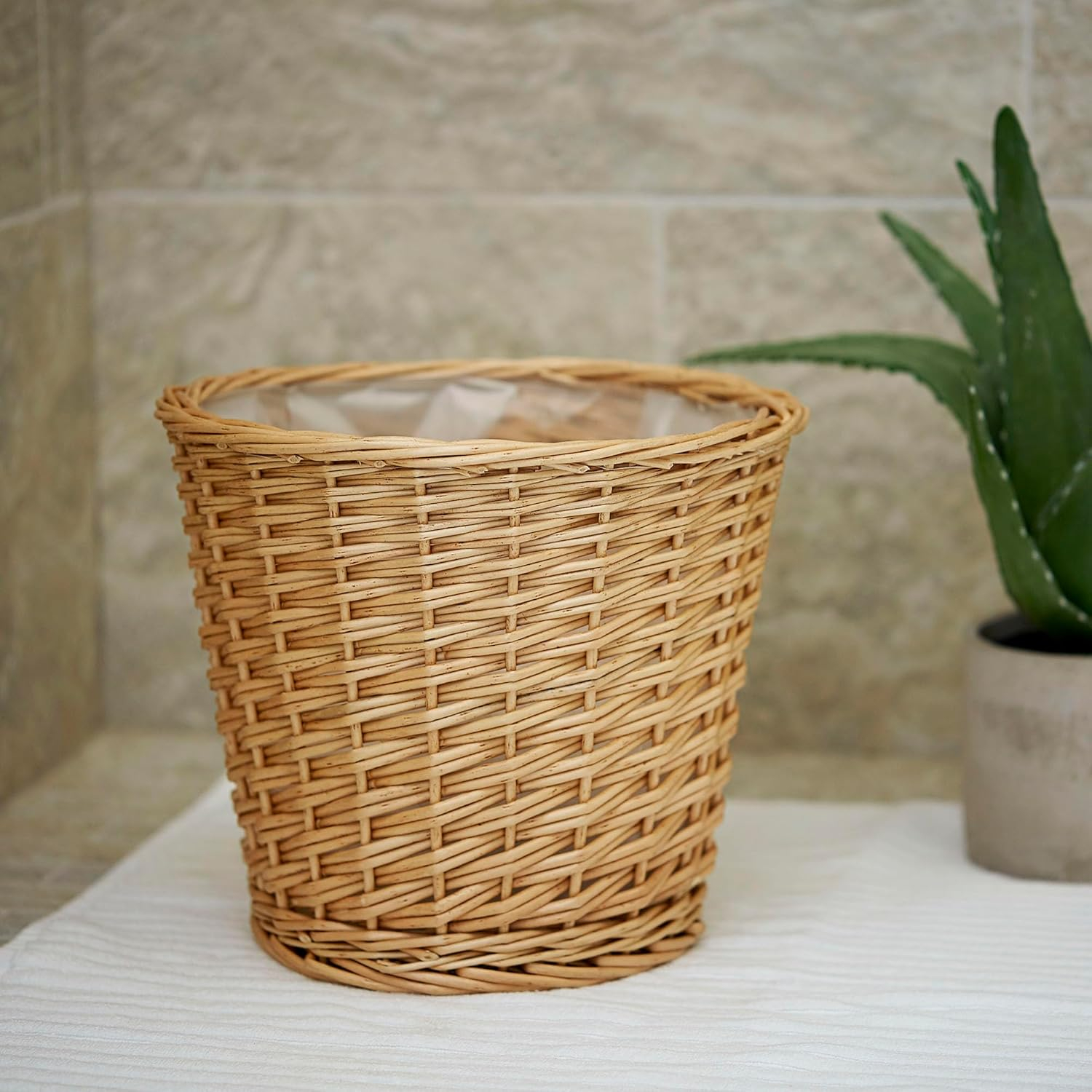 Household Essentials Willow Wicker Waste Basket, Medium, Handwoven with Built-In Plastic Liner, Durable and Attractive Weave, Tapered Design, Compact, Eco-Friendly, Easy to Clean, Natural