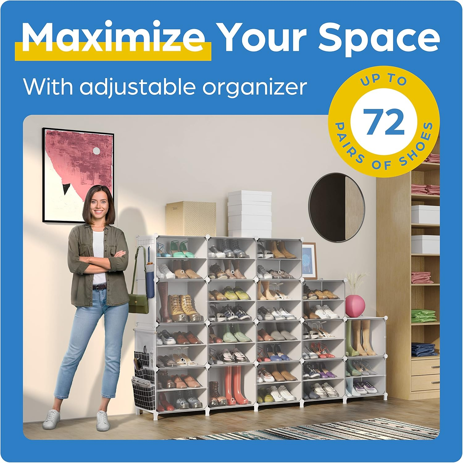 Shoe Organizer Cabinet Up to 72 Pairs, Shoe Closet-Covered Shoe Rack with See-Through Door (Clear, Plastic, Stackable) Cubby Portable Shoe Organizer with Covers, Hooks & Pockets, Black
