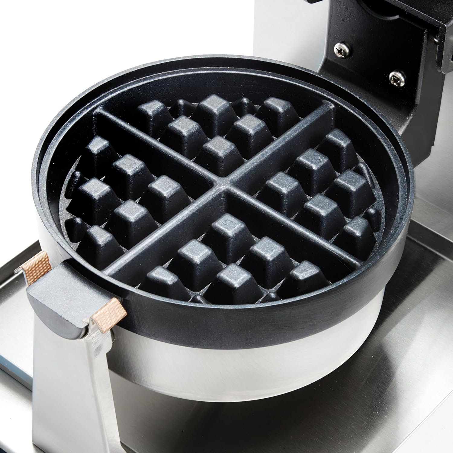 Commercial-Grade Stainless Steel Rotating Belgian Waffle Maker with Non-Stick Plates