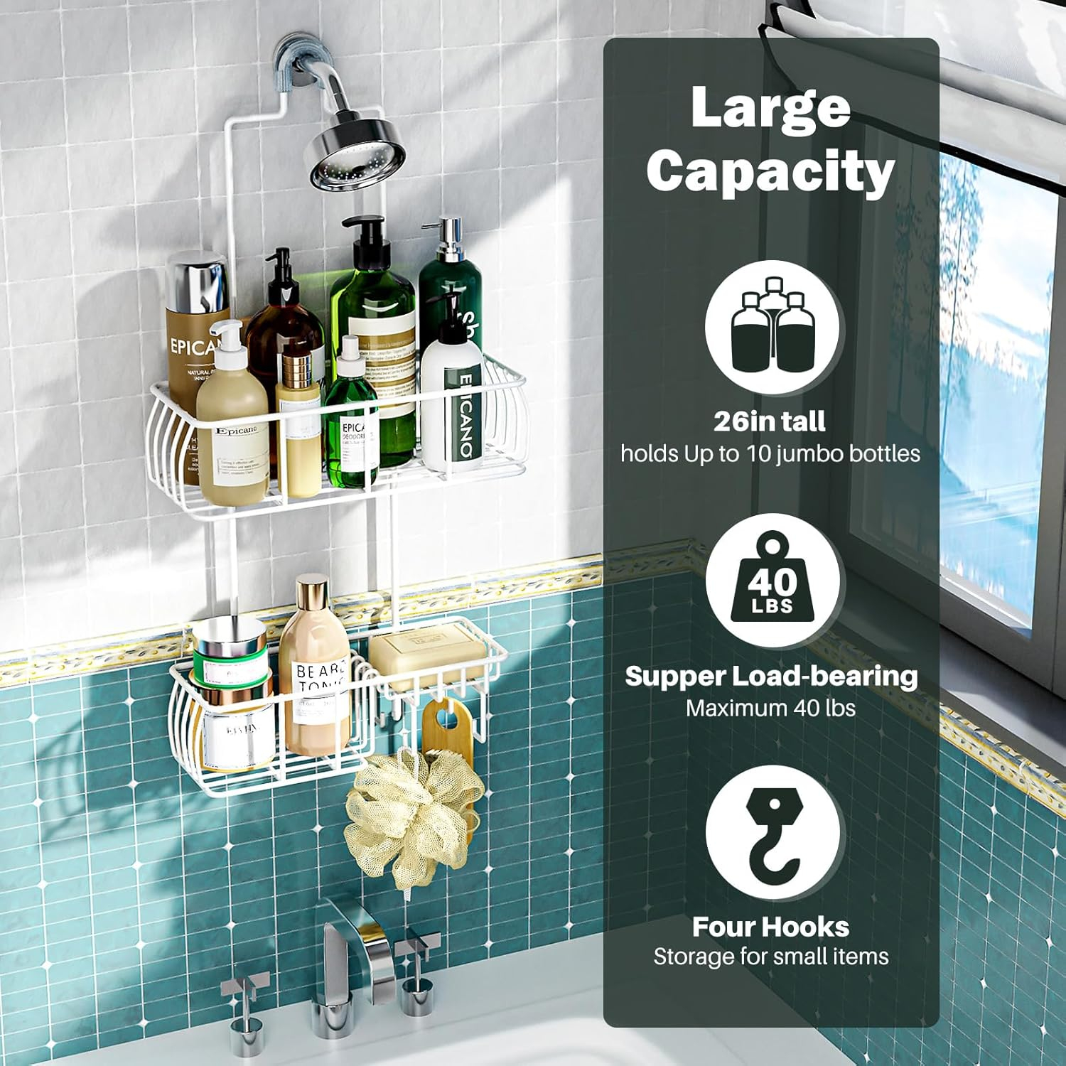 Epicano Shower Caddy Hanging, Anti-Swing Over Head Shower Caddy Rustproof with hooks for Towels, Sponge and more,White