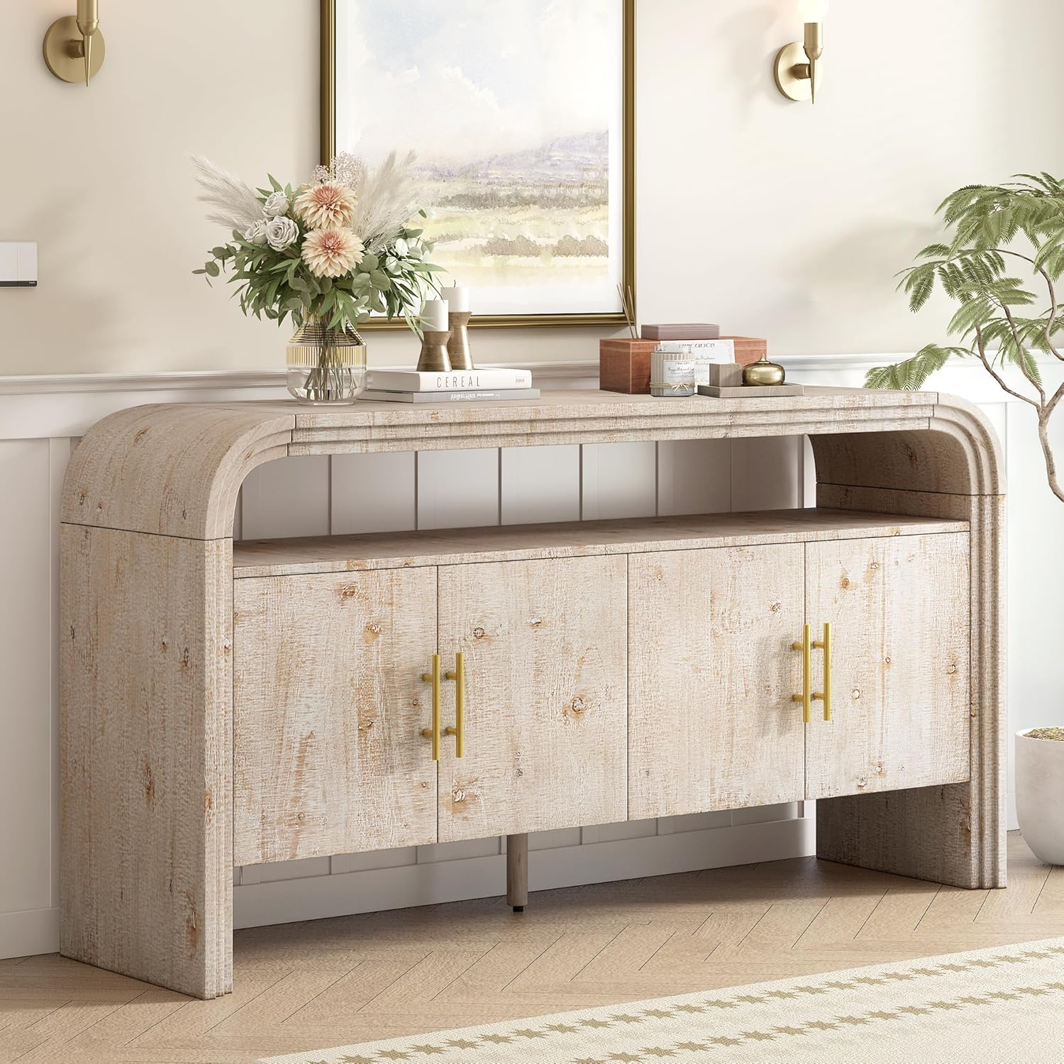 Unique Retro Curved Sideboard with 4 Doors and Treated Fir Veneer, Wood Accent Entryway Console Table Storage Cabinet for Hallway Living Room Foyer Corridor (Natural-12.31)