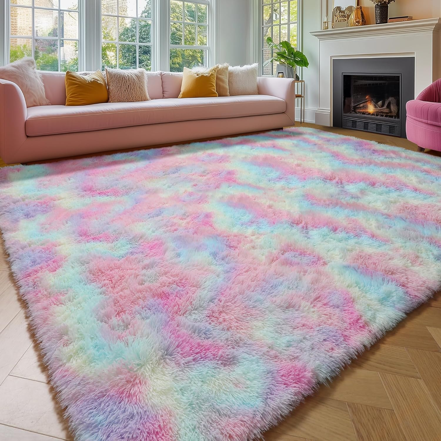 Amdrebio Rainbow Unicorn Colorful Kids Rugs for Girls Bedroom, 8x10 Fluffy Shag Area Rugs for Playroom Classroom, Large Pastel Room Decor Aesthetic, Cute Fuzzy Kawaii Princess Carpet for Baby Toddler