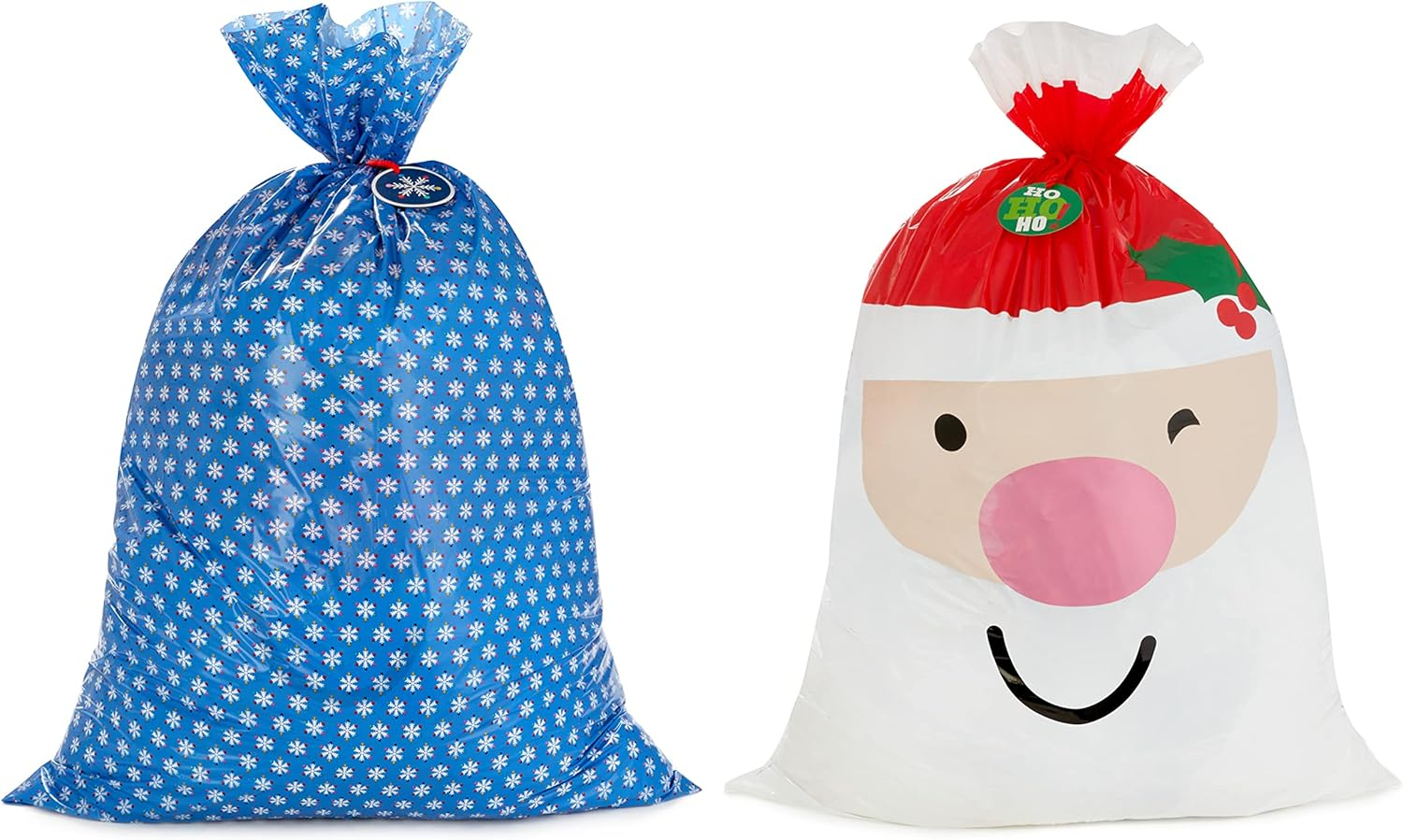 Hallmark Jumbo Plastic Christmas Gift Bags with Gift Tags and Tie Cords (2 Bags: Santa Claus Face, Rainbow Snowflakes on Blue)