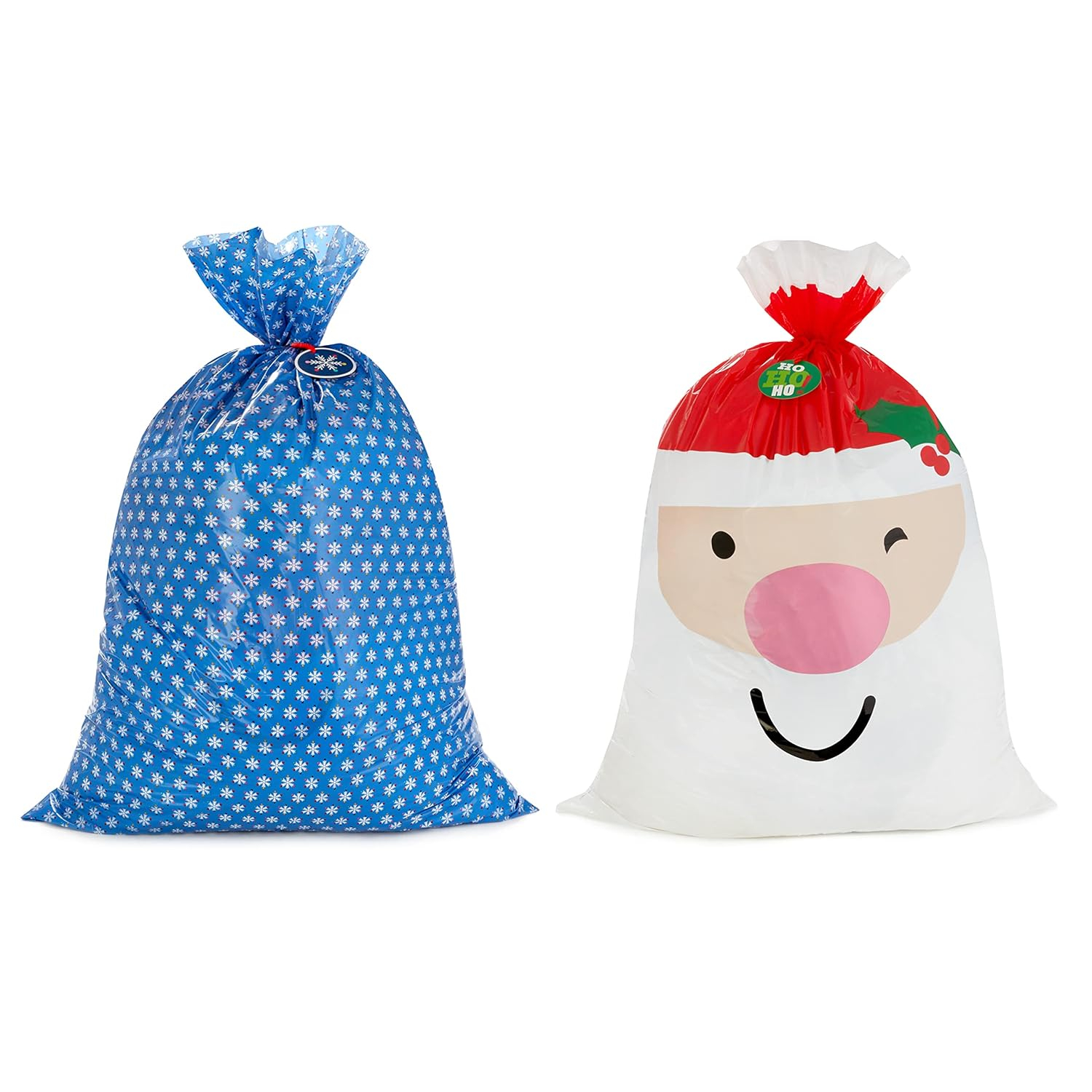 Hallmark Jumbo Plastic Christmas Gift Bags with Gift Tags and Tie Cords (2 Bags: Santa Claus Face, Rainbow Snowflakes on Blue)