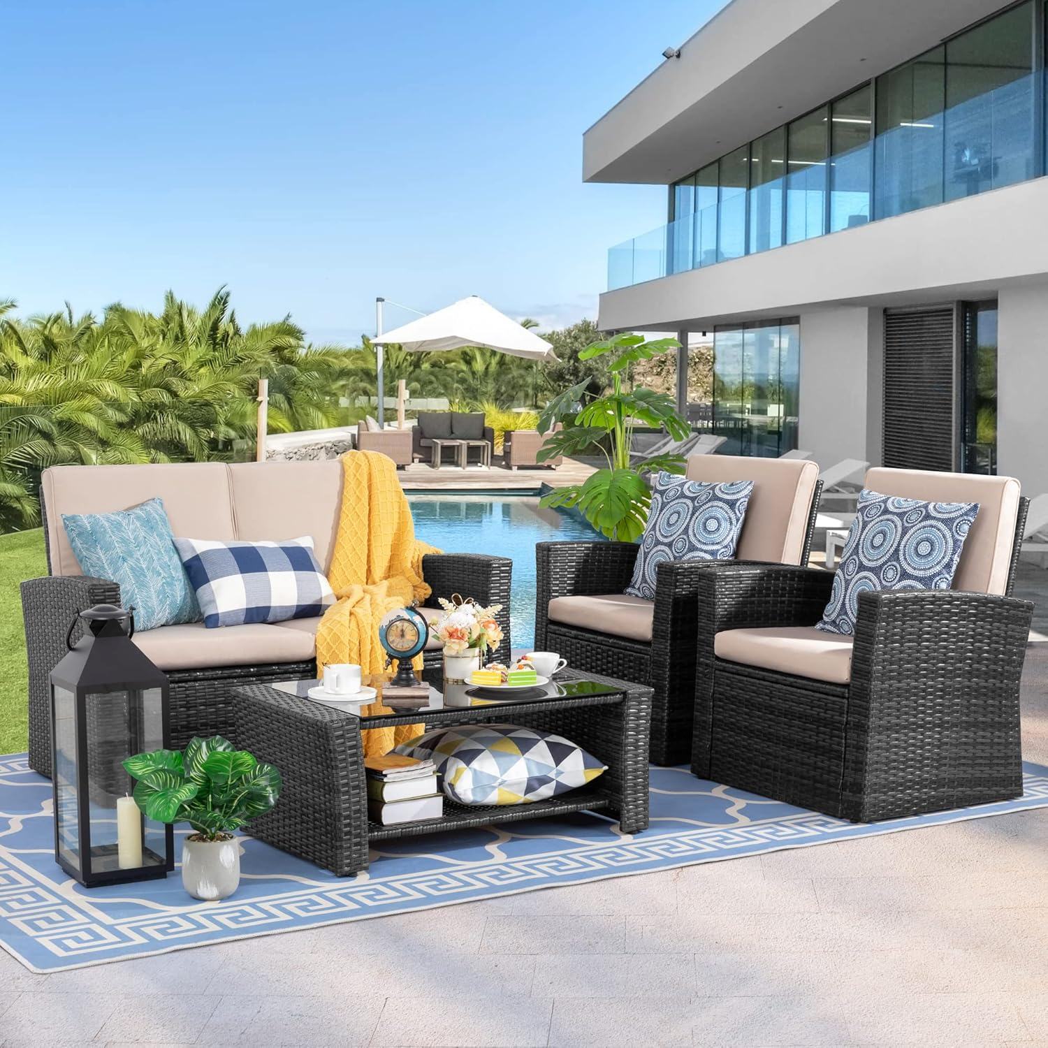 Shintenchi 4 Piece Patio Furniture Set, Outdoor Rattan Conversation Set with Coffee Table, Outside Wicker Sectional Sofa Couch with Cushion, Gray and Blue