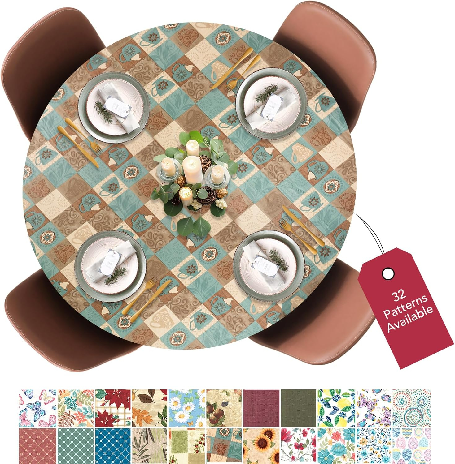 Covers For The Home Deluxe Elastic Edged Flannel Backed Vinyl Fitted Table Cover - Global Coffee Pattern - Small Round - Fits Tables up to 40" - 44" Diameter (ETCOF48)