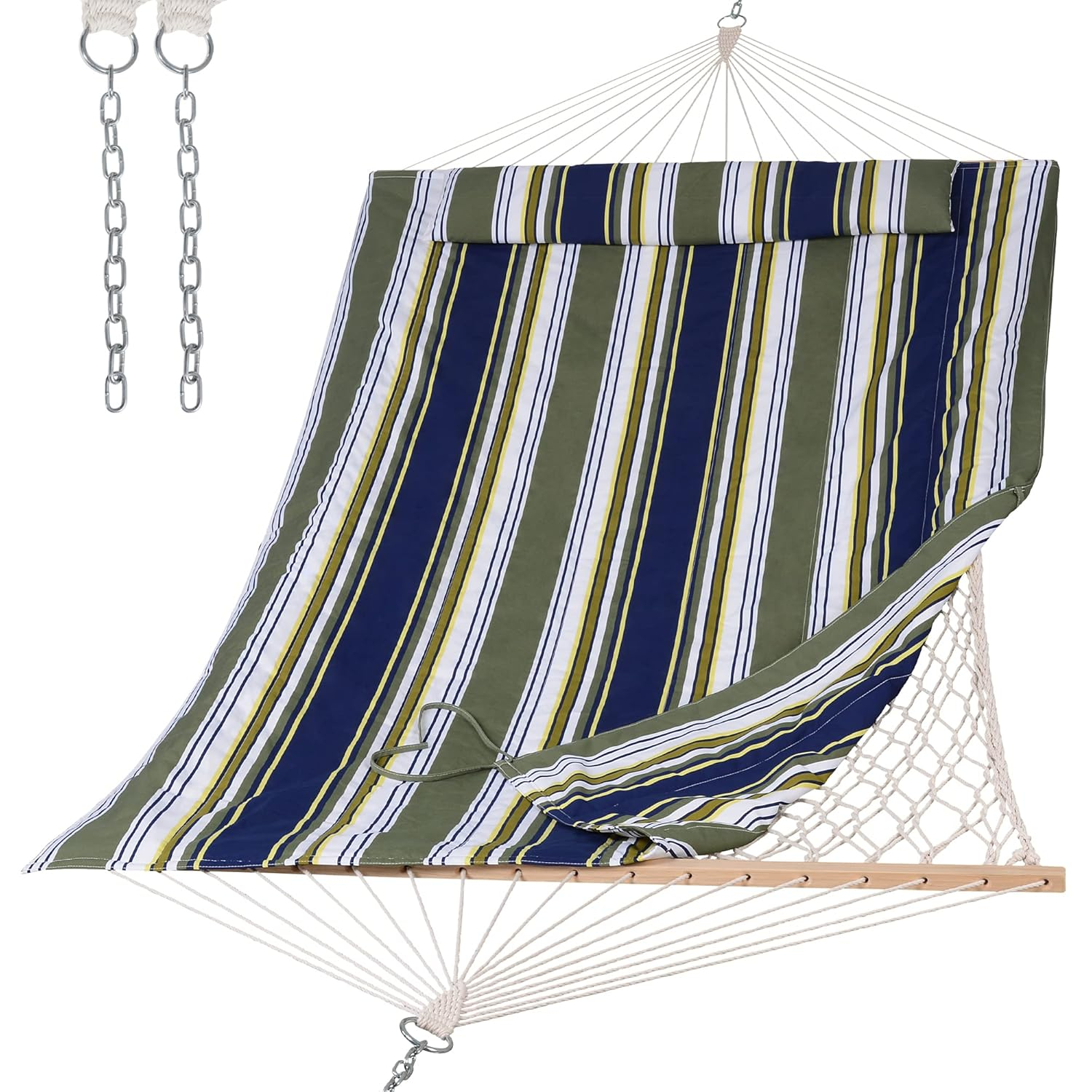 SUNCREAT Hammocks Outdoor Double Hammock with Hardwood Spreader Bar, Cotton Rope Hammock with Polyester Pad, Blue&Aqua