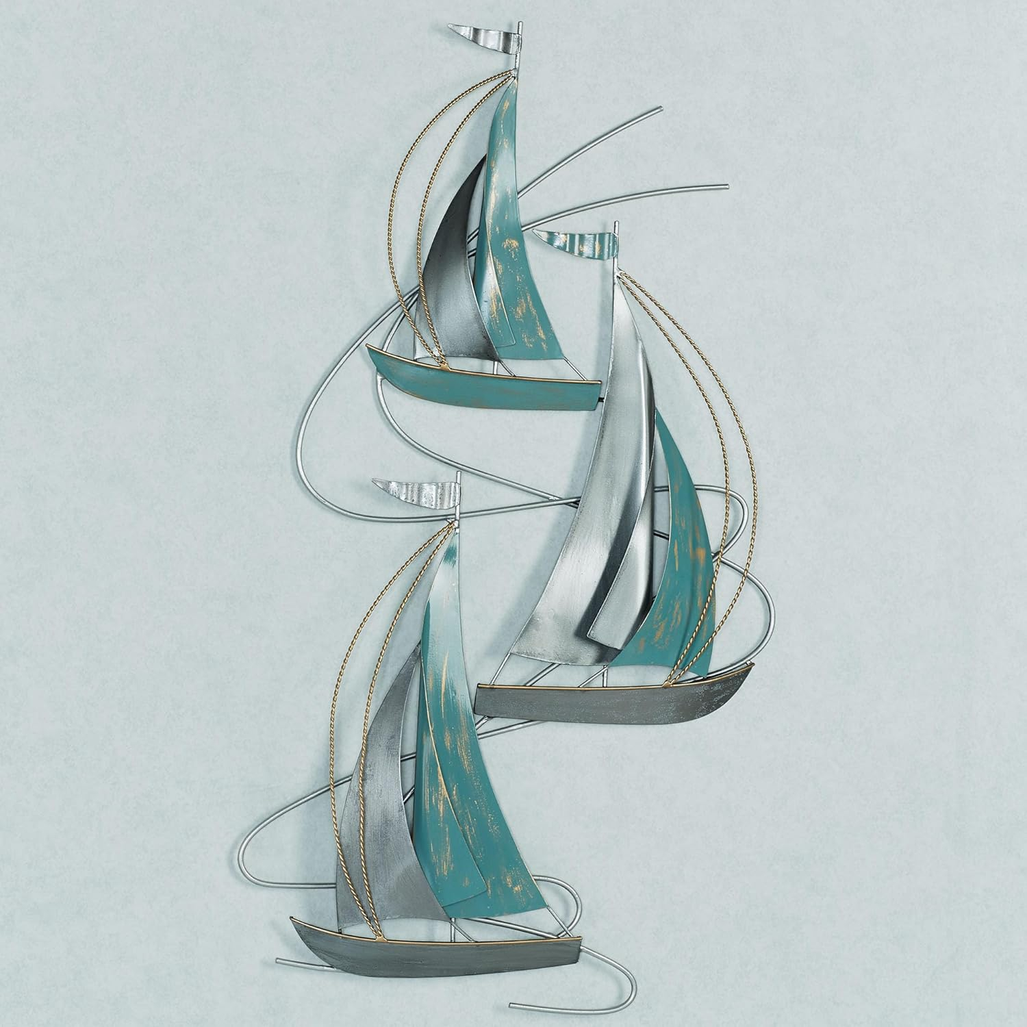 Aqua and Silver Metal Sailboat Wall Sculpture, 34" Tall
