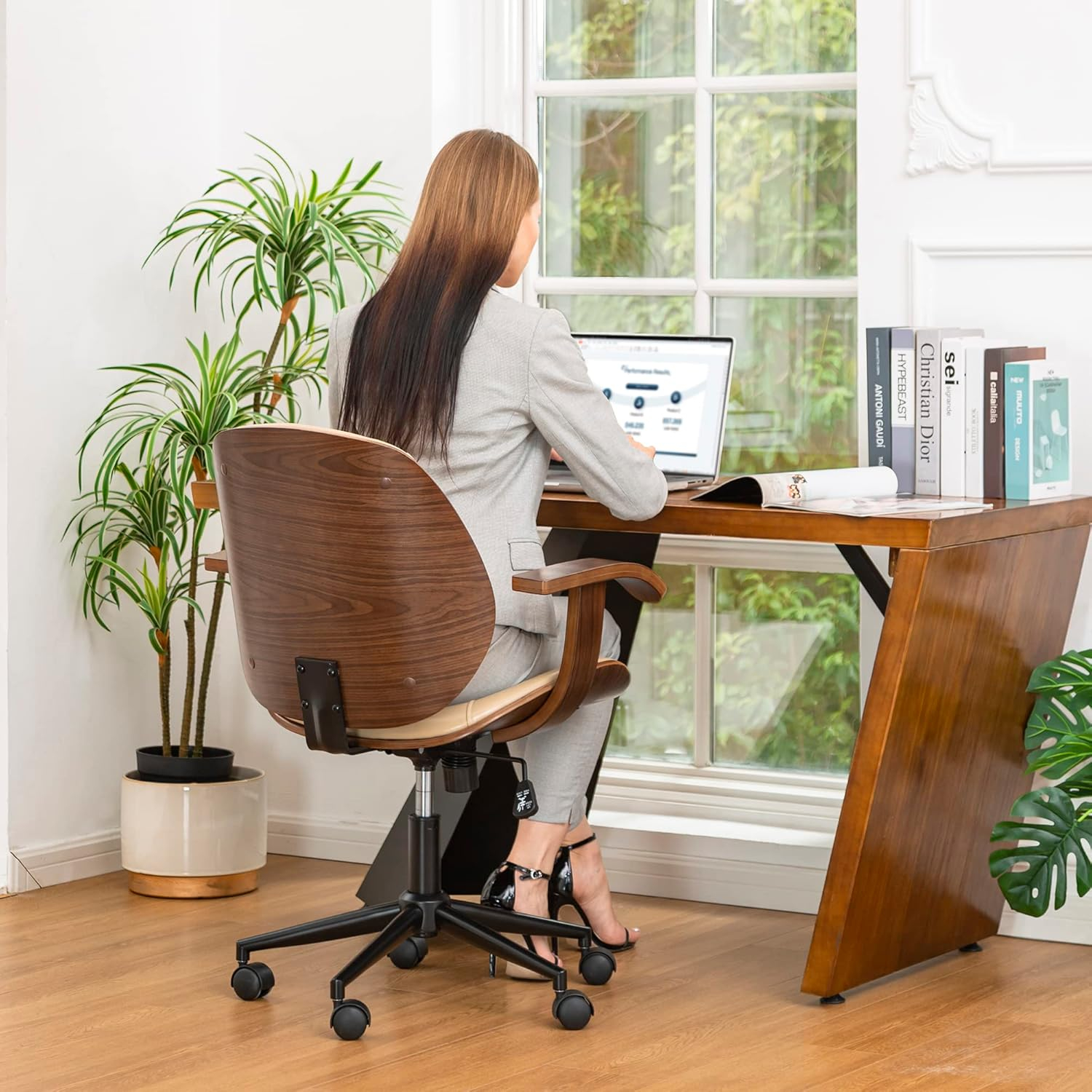 Glitzhome Leather Home Office Chair with Arm, Mid-Back Adjustable Executive Swivel Desk Task Chair,Beige