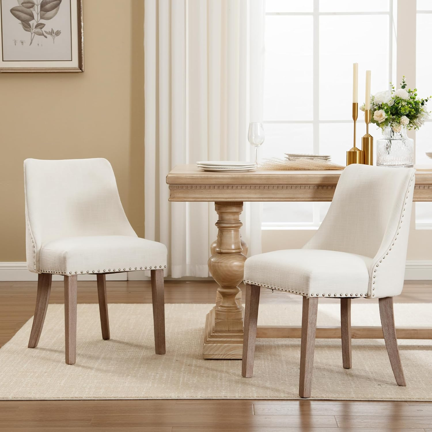 Guyou Dining Chairs Set of 2, Mid Century Modern Linen Upholstered Farmhouse Side Chairs with Nailhead and High Back for Kitchen Restaurant, Grey