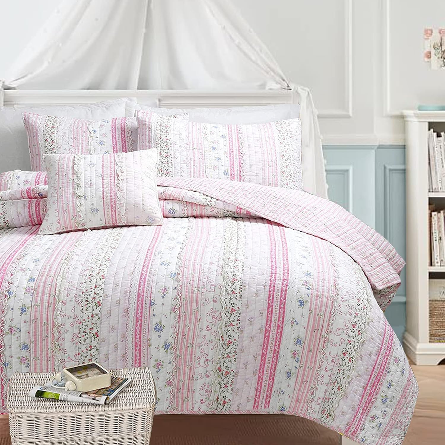 Pink Rose Peonies Ruffle 4-Piece Pink Floral Stripe Cotton Bedding Set with Decor Pillow King Quilt Set