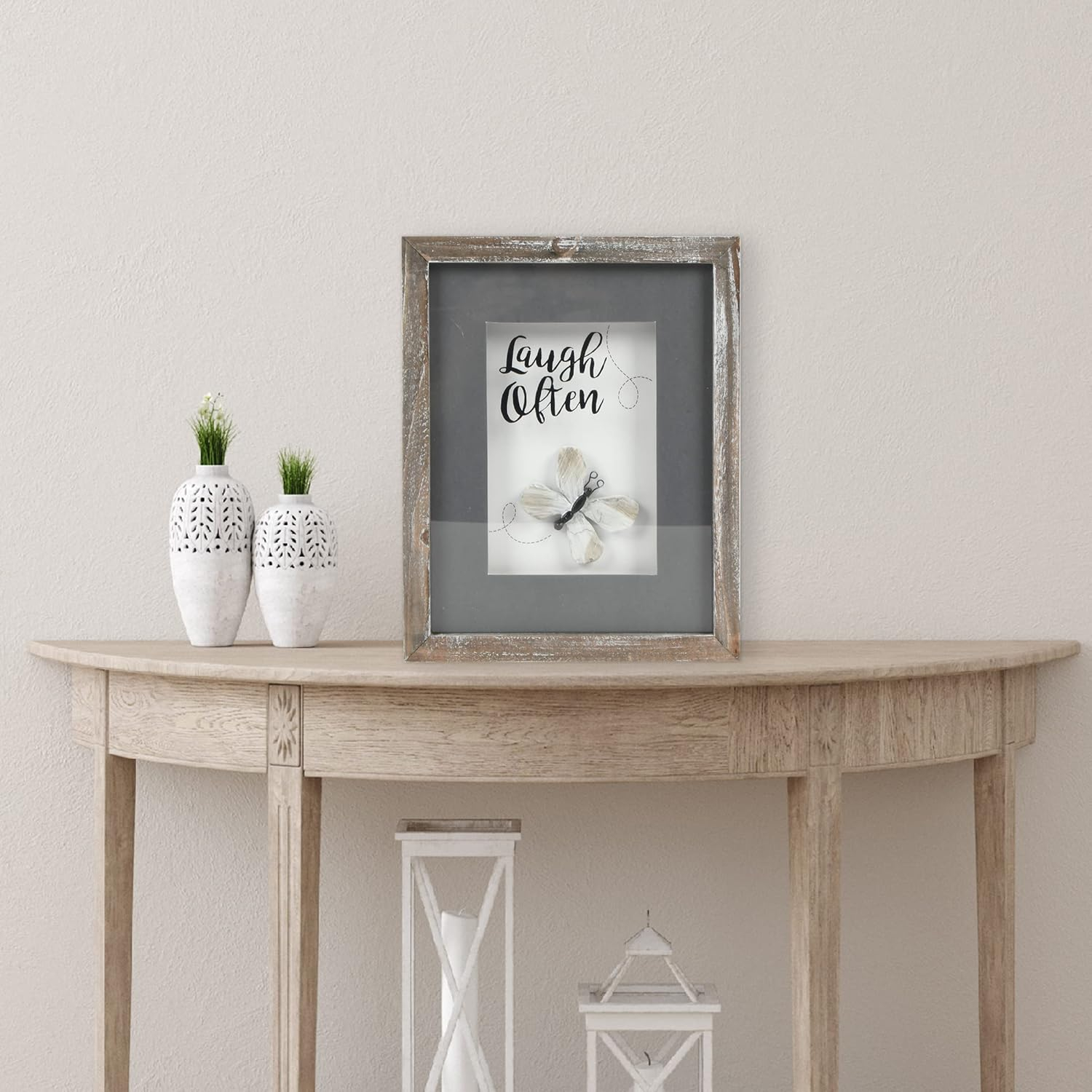 Haven Home Décor Laugh Often 8" x 10" Rustic Wall Décor, Pebble Art with Gray-Washed Frame, Natural