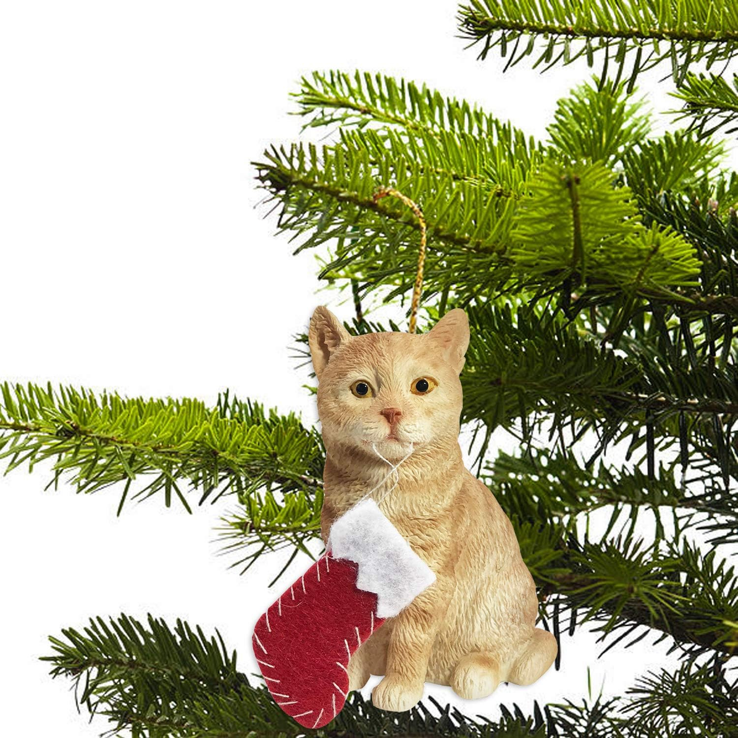 Hand-Painted Ginger Tabby Cat Christmas Ornament with Stocking