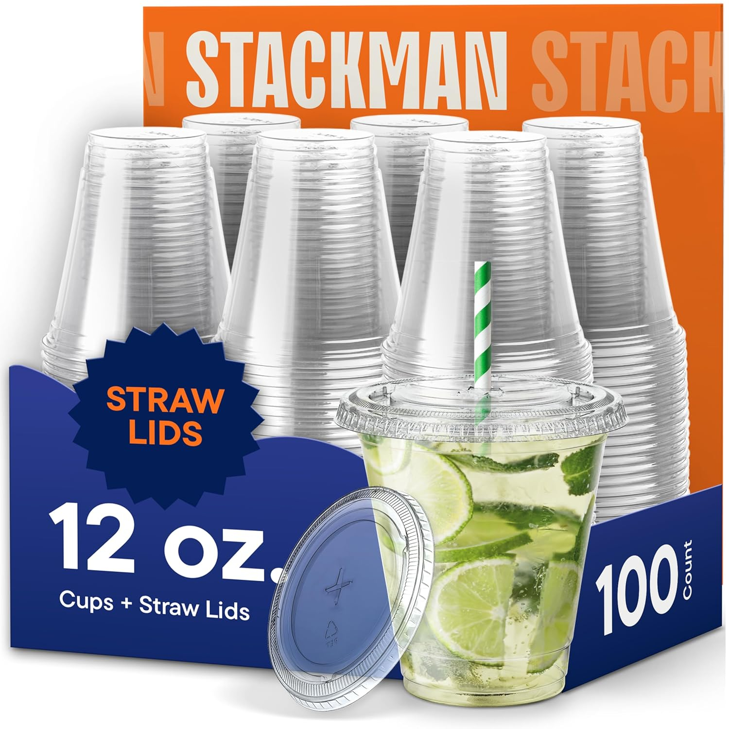 Stack Man Clear Plastic Cups with Lids 12 oz [100 Sets] Disposable Iced Coffee Cups with Straw Lids