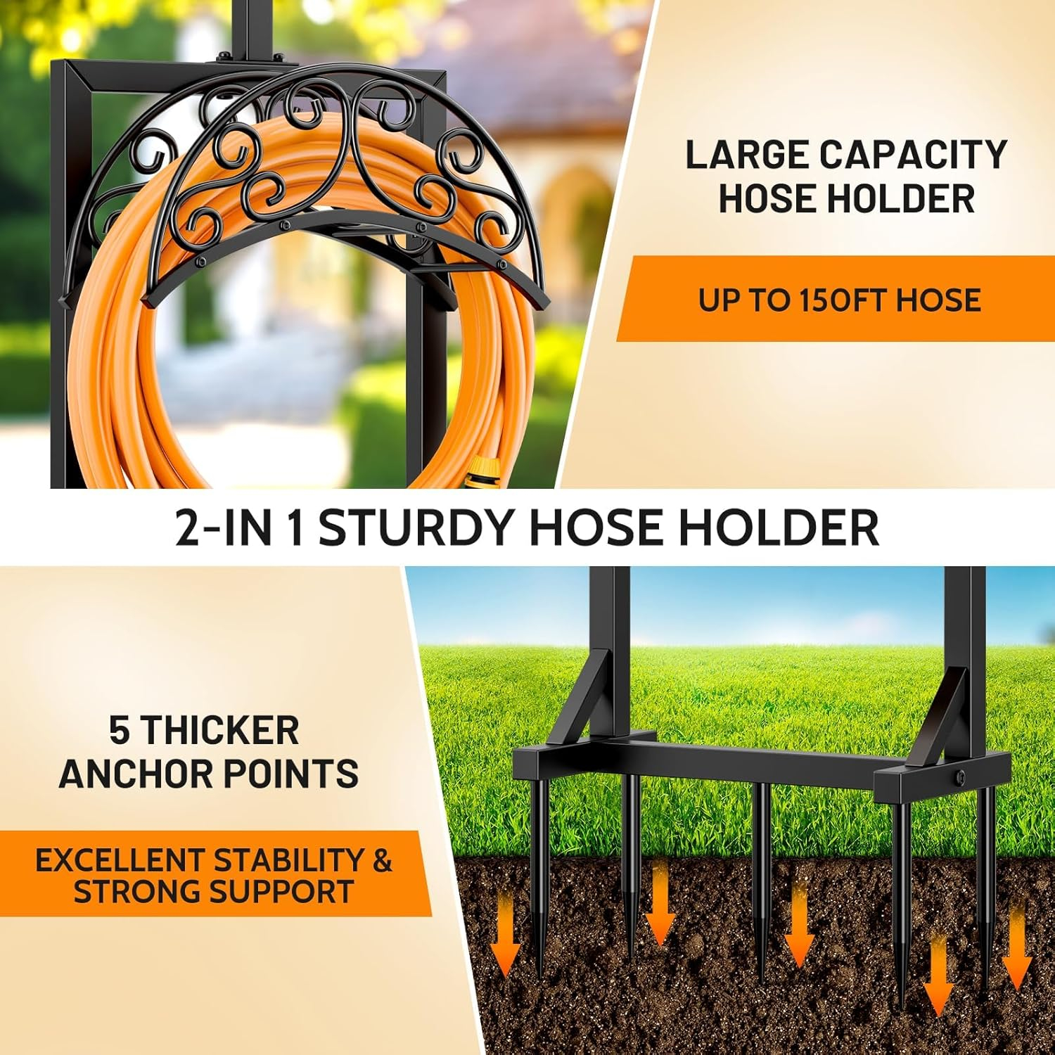 Garden Hose Holder for Outside - Upgraded Water Hose Holders with 5 Spikes & 2 Shepherds Hooks, Freestanding Hose Stand Heavy Duty Hose Hanger Hose Storage Hose Reel Rack for Outside Yard Lawn