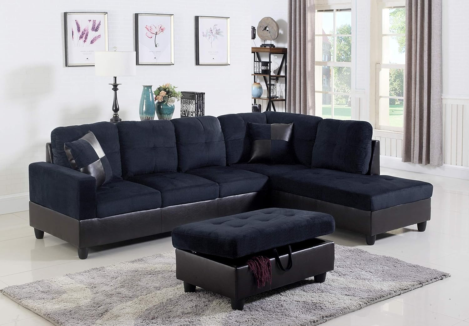 3-Piece Contemporary Sectional Sofa with Chaise and Storage Ottoman for Living Room Furniture | Faux Leather & Microfiber Upholstery | Removable High Density Memory Foam Cushions (Blue,Right-facing)