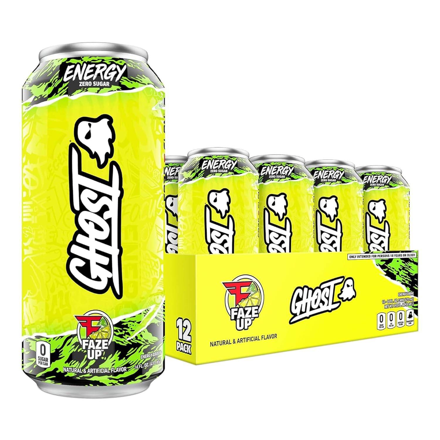 GHOST Energy Performance Energy Drink, Faze Clan "Faze Up" - 12-Pack x 16oz Cans - Energy & Focus - Zero Sugars, 200mg of Natural Caffeine, L-Carnitine & Taurine - Gluten Free & Vegan