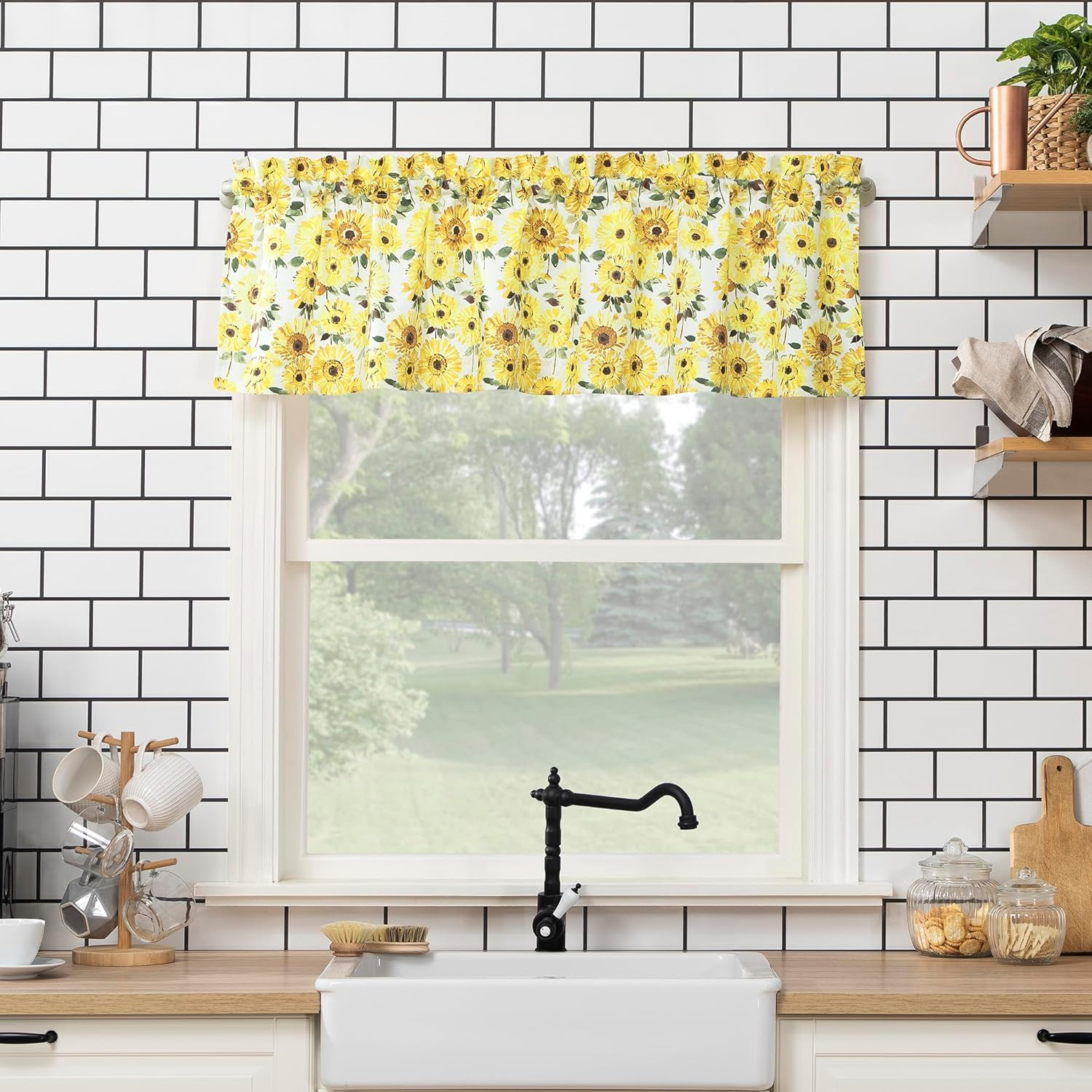 Sunny Sunflower Print Yellow 54 in. W x 14 in. L Rod Pocket Light Filtering Curtain Valance for Kitchens (Single Panel)