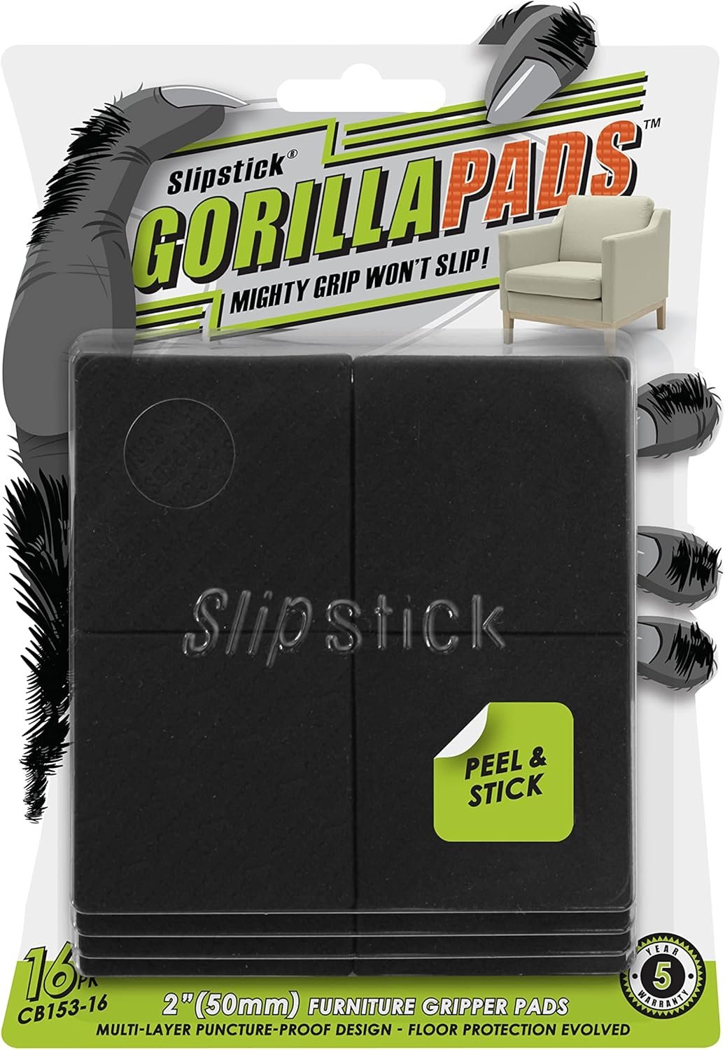 Slipstick GorillaPads CB153-16 Non Slip Furniture Pads/Gripper Feet Floor Protectors (Set of 16) Premium 2 Inch Square Self Adhesive Rubber Stoppers for Furniture Legs, Black, CB153-16