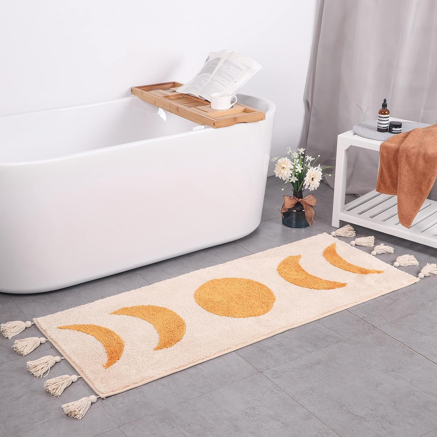 Boho Bathroom Rug Runner Moon Phases Bath Mat with Tassels - Half Moon Bohemian Rugs for Bathroom, Bedroom, Shower Moon Rug for Hippie, Witchy Decor - Boho Area Rug Beige Neutral Creamy Orange 20x50