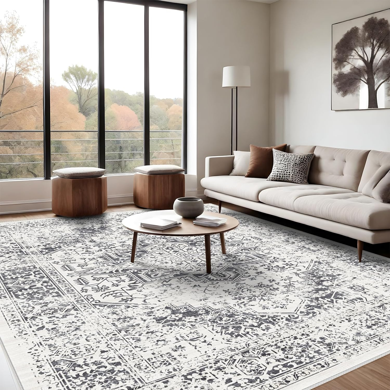 10x14 Large Area Rug - Vintage Washable Rug for Living Room with Non-Slip Low-Pile Traditional Medallion Border Rugs with Stain Resistant Foldable Retro Accent Indoor Thin Carpet