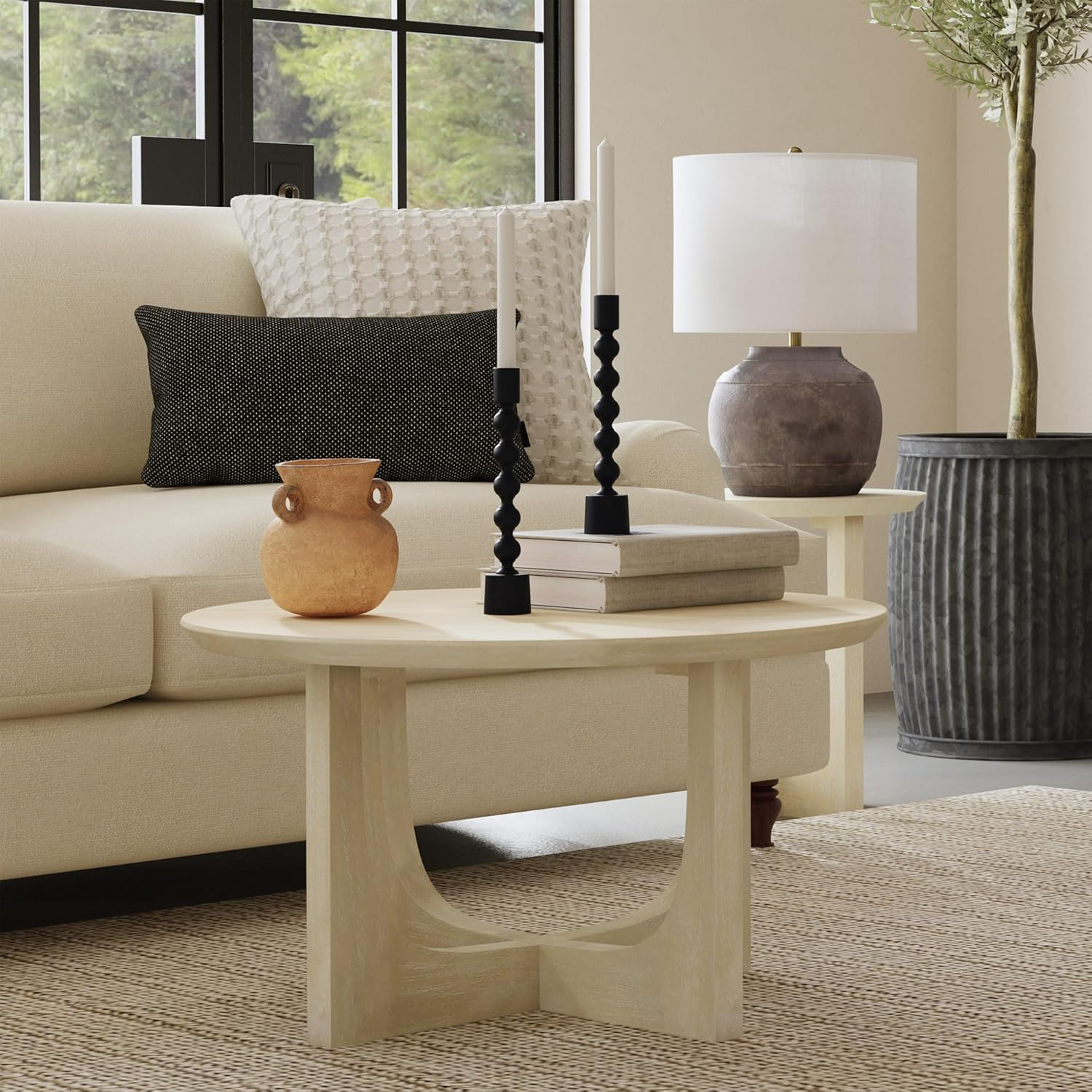 Ivory White Round Mango Wood Coffee Table with Reverse Arch Design