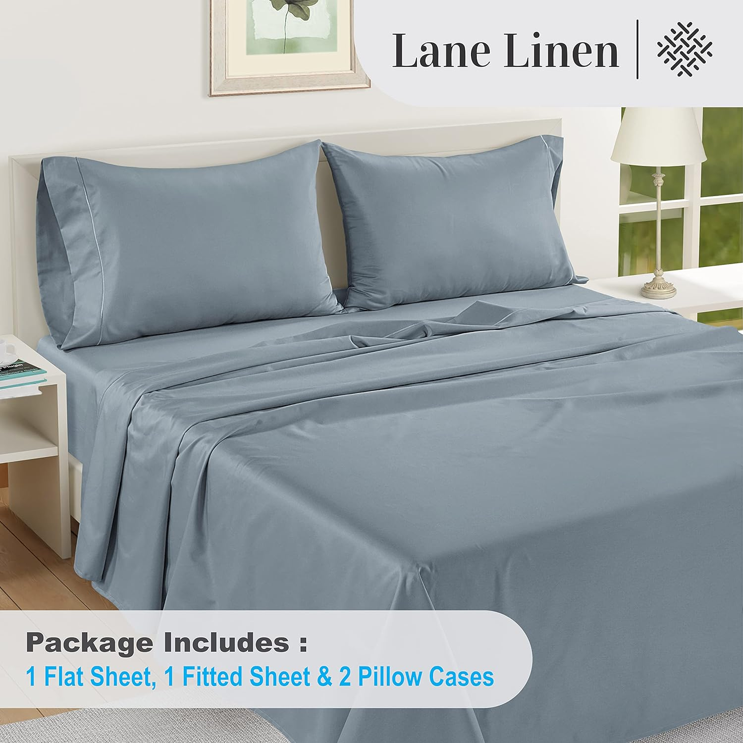 LANE LINEN 1000 TC 100% Egyptian Cotton Queen Sheet Set, 16 inch Deep Pocket Fully Elasticized French Reinforced Pocket Seams for Soft, Comfy & Fresh Bed Eco Friendly Cooling Sheets Queen -Blue