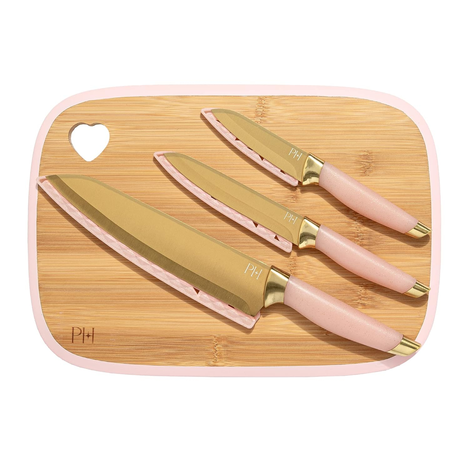 Paris Hilton 7-Piece Reversible Bamboo Heart Cutting Board and Stainless Steel Cutlery Set, Pink
