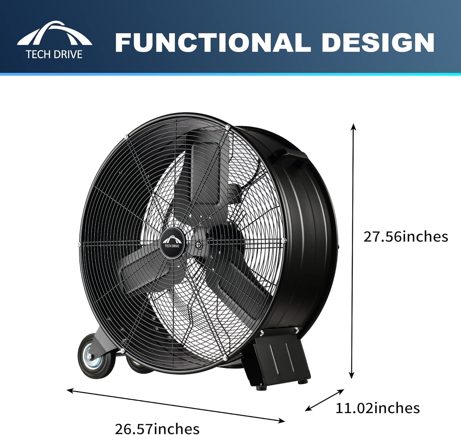 Tech Drive Heavy Duty Metal Industrial Drum Fan, 24 inch High Velocity Shop Fan, 2 Speed Large Floor Fan for Warehouse, Workshop, Factory, Garage, All Metal, Black